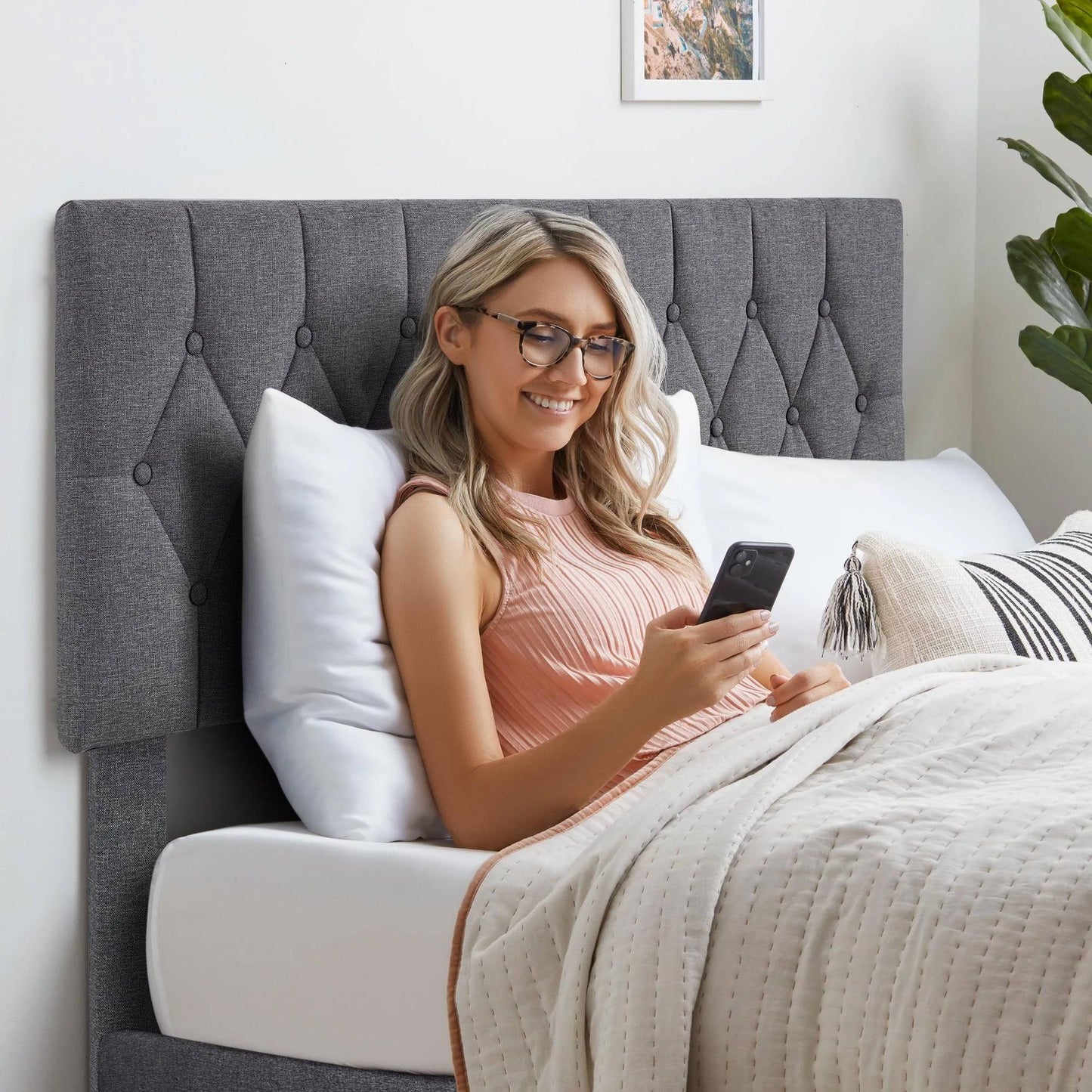 Chesterfield Bed Frame - Luxurious Grey Linen Upholstery, Adjustable Headboard