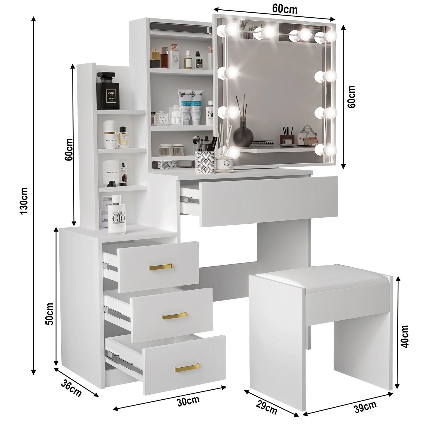 Hollywood Mirror Dressing Table with Storage, Drawers Vanity Makeup Desk