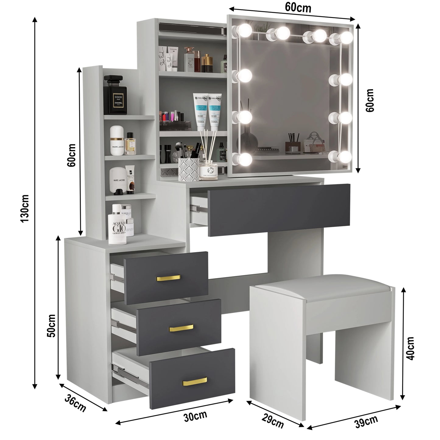 Hollywood Mirror Dressing Table with Storage, Drawers Vanity Makeup Desk