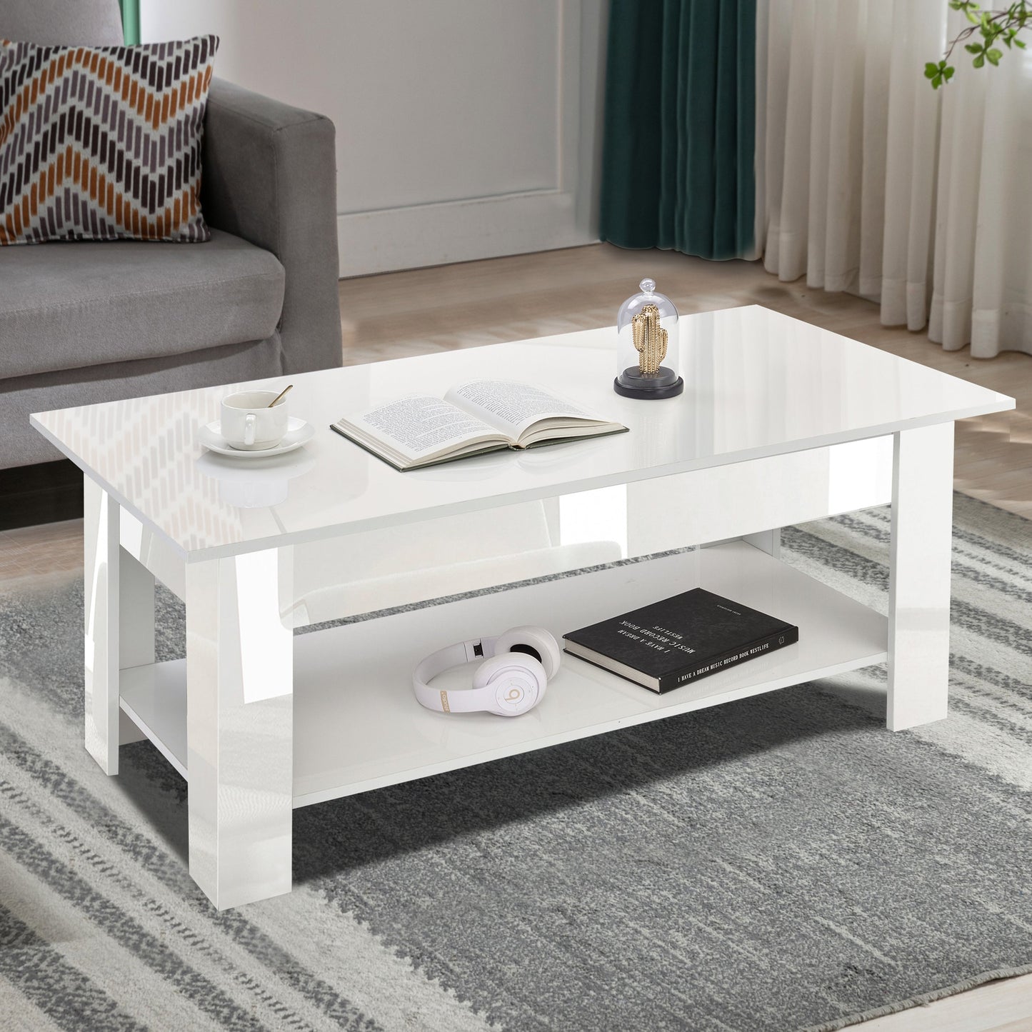 High Gloss Lift Top Coffee Table With Hidden Storage Shelf