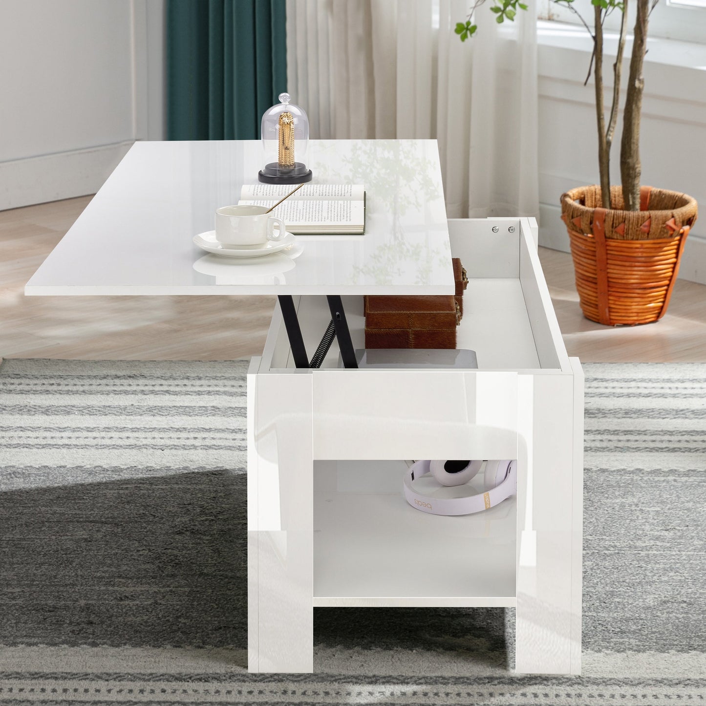High Gloss Lift Top Coffee Table With Hidden Storage Shelf