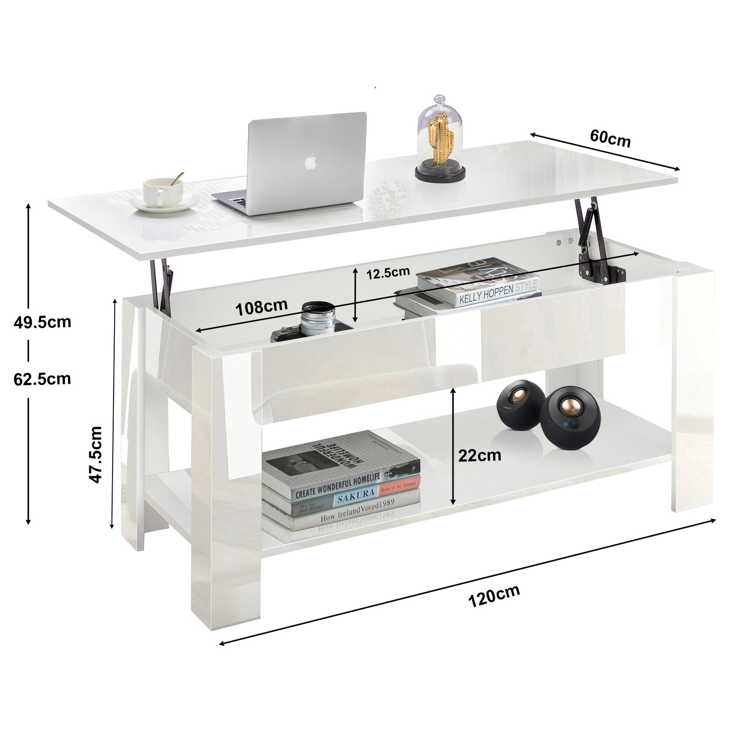 High Gloss Lift Top Coffee Table With Hidden Storage Shelf