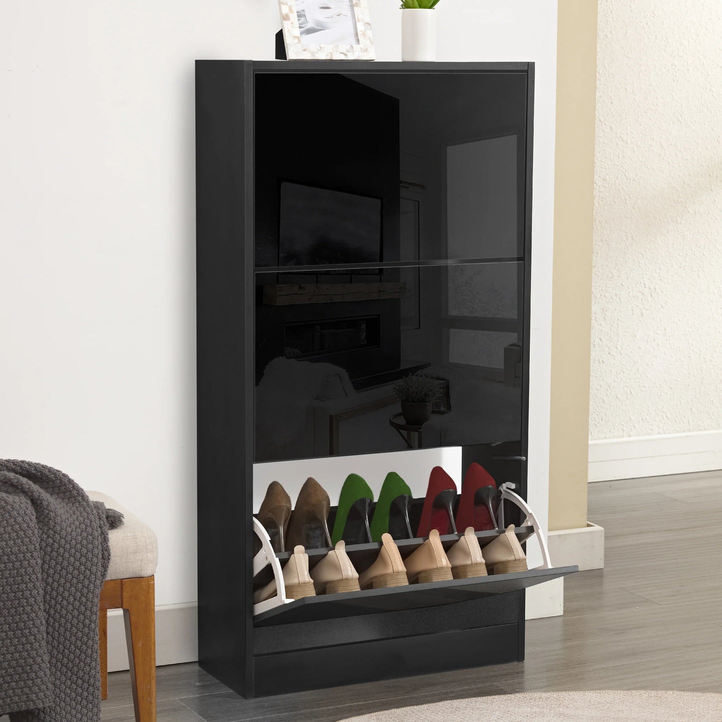 High Gloss 3 Door Shoe Cabinet | Slim Shoe Storage