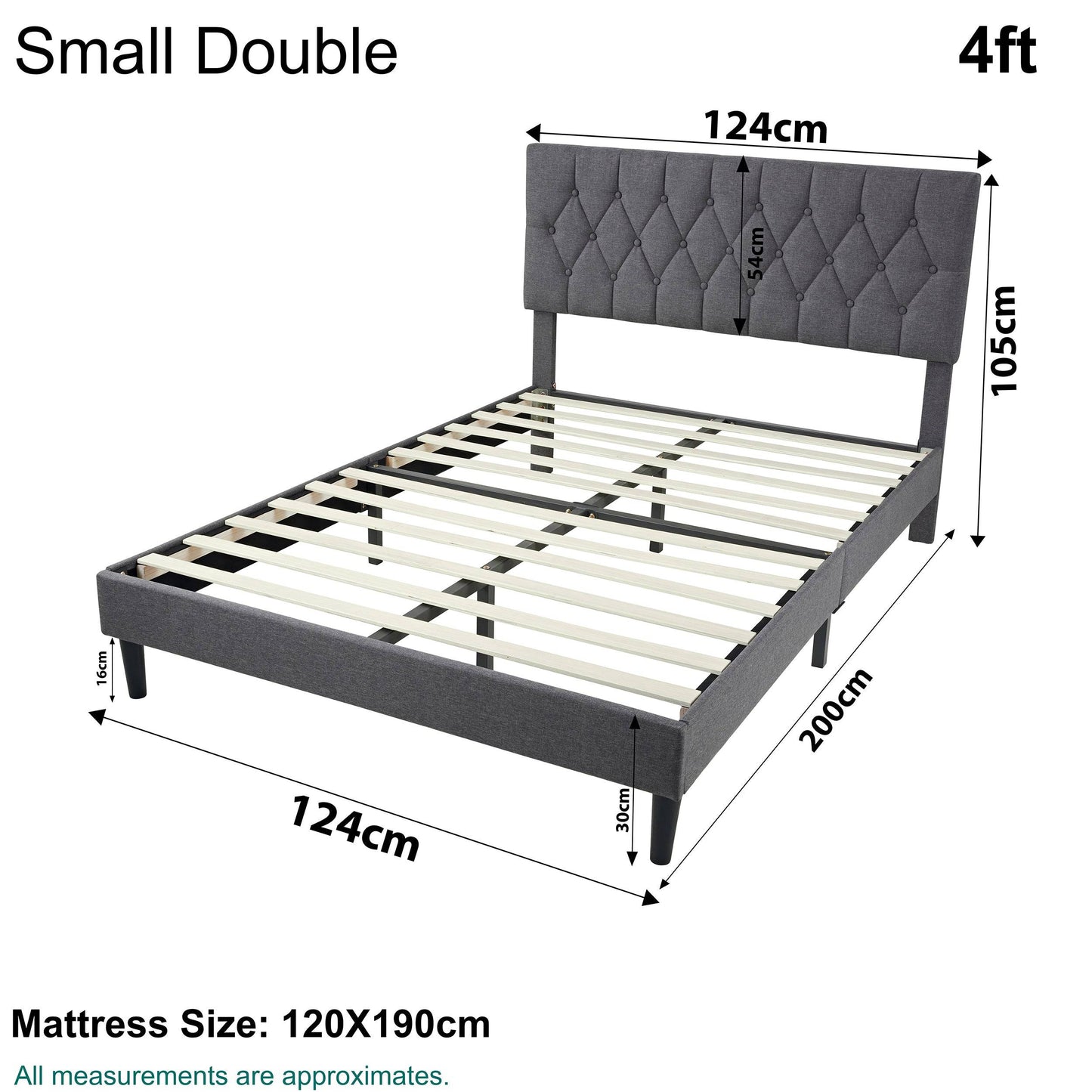 Chesterfield Bed Frame - Luxurious Grey Linen Upholstery, Adjustable Headboard