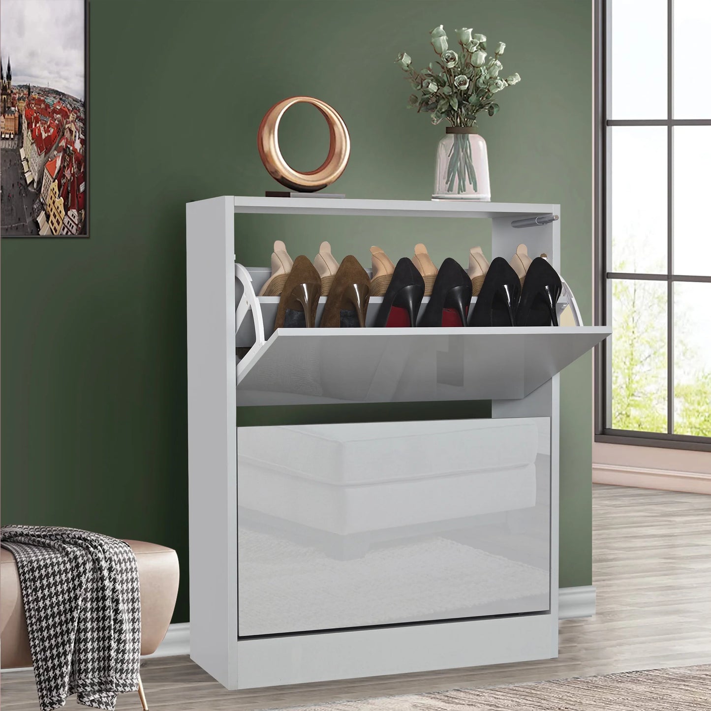 High Gloss 2 Door Shoe Cabinet | Slim Shoe Storage Unit