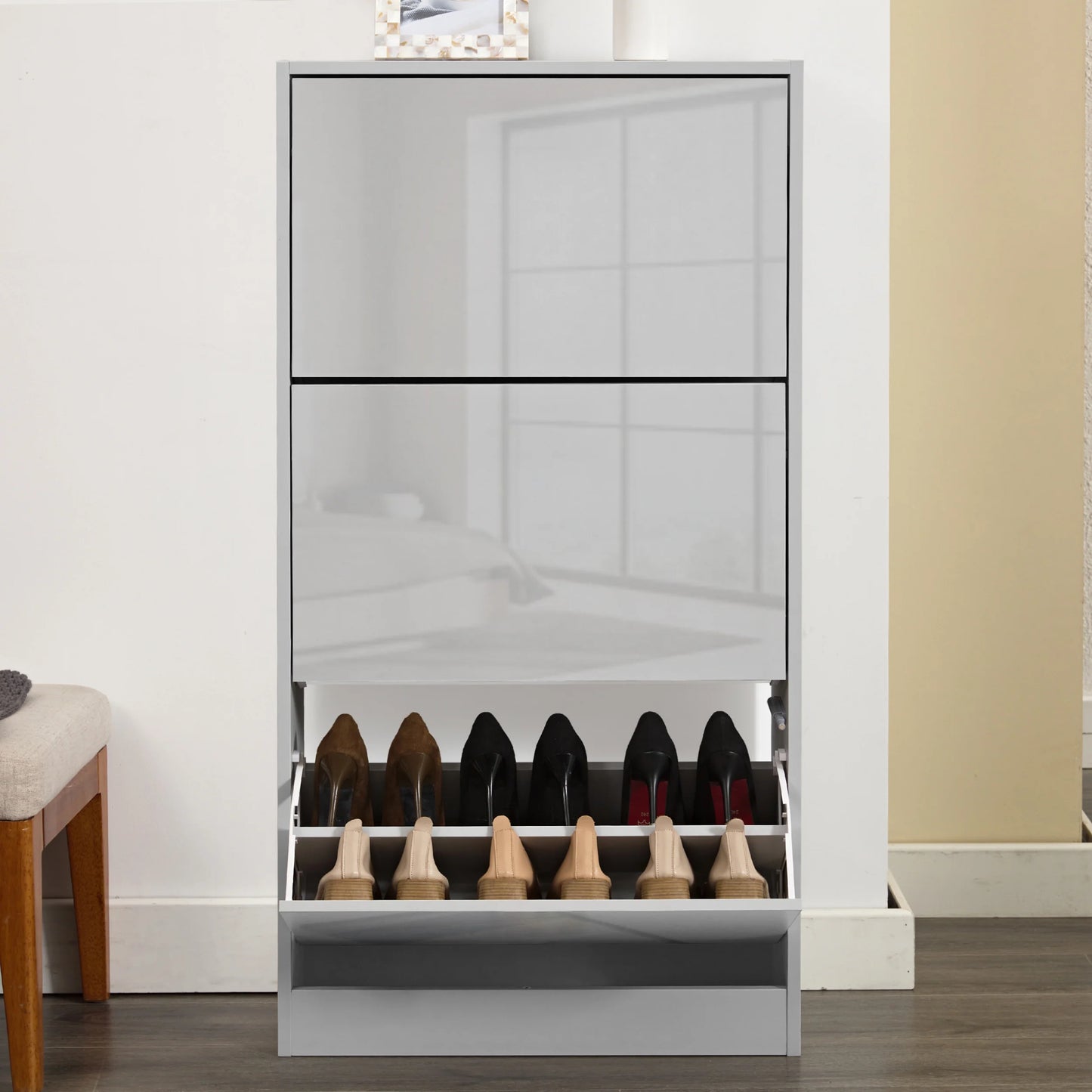 High Gloss 3 Door Shoe Cabinet | Slim Shoe Storage