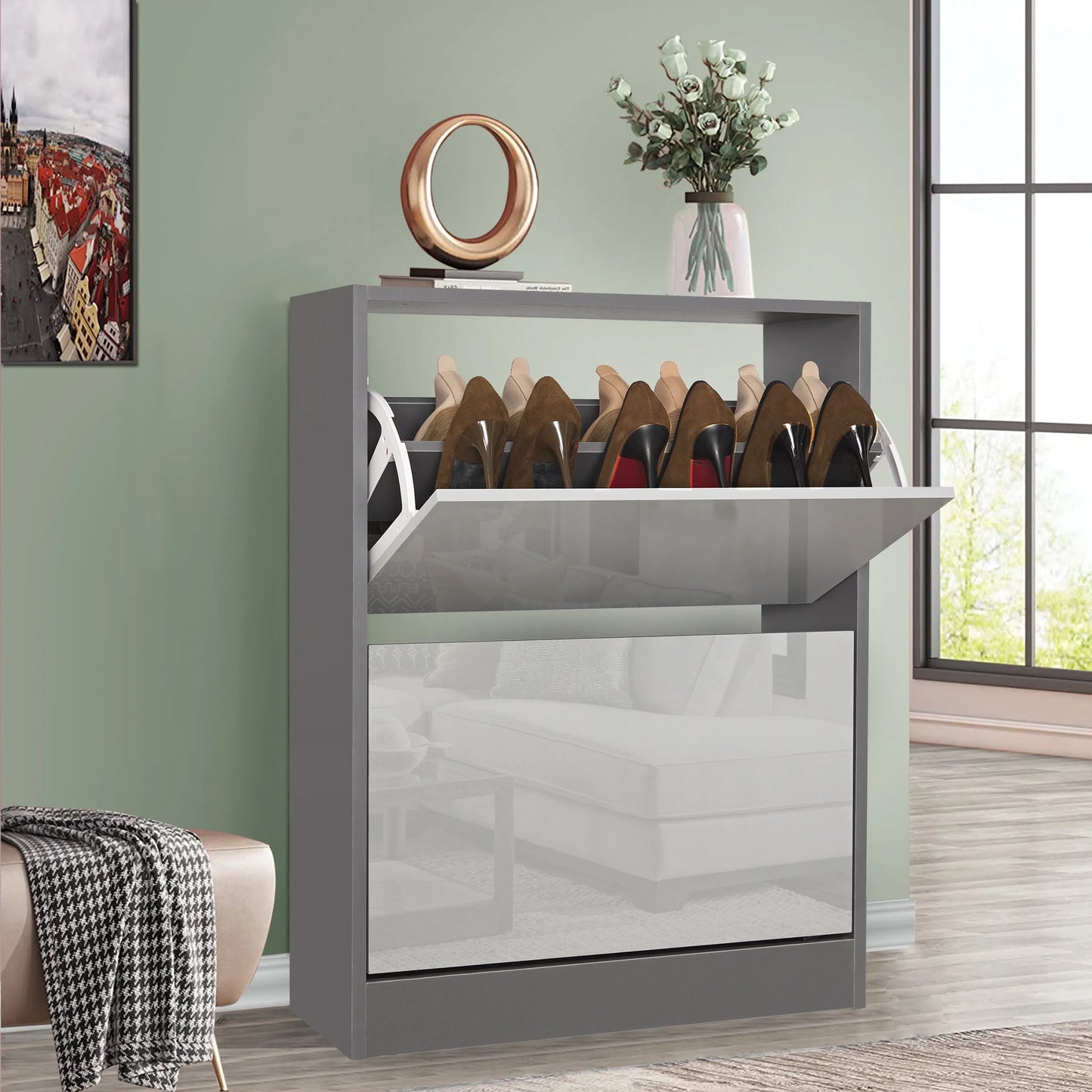 High Gloss 2 Door Shoe Cabinet | Slim Shoe Storage Unit