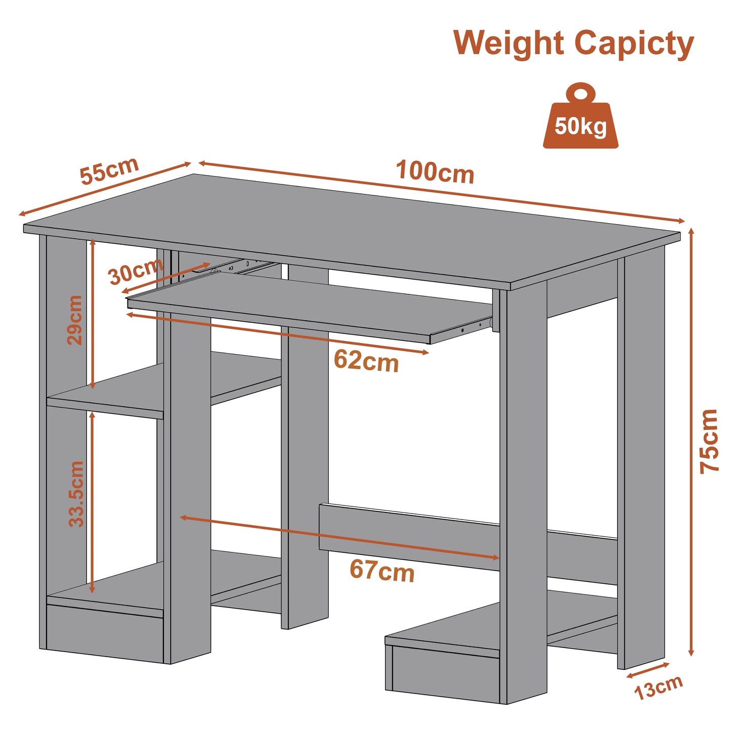 Home Office Computer Desk With Shelves For Working, Reading & Gaming