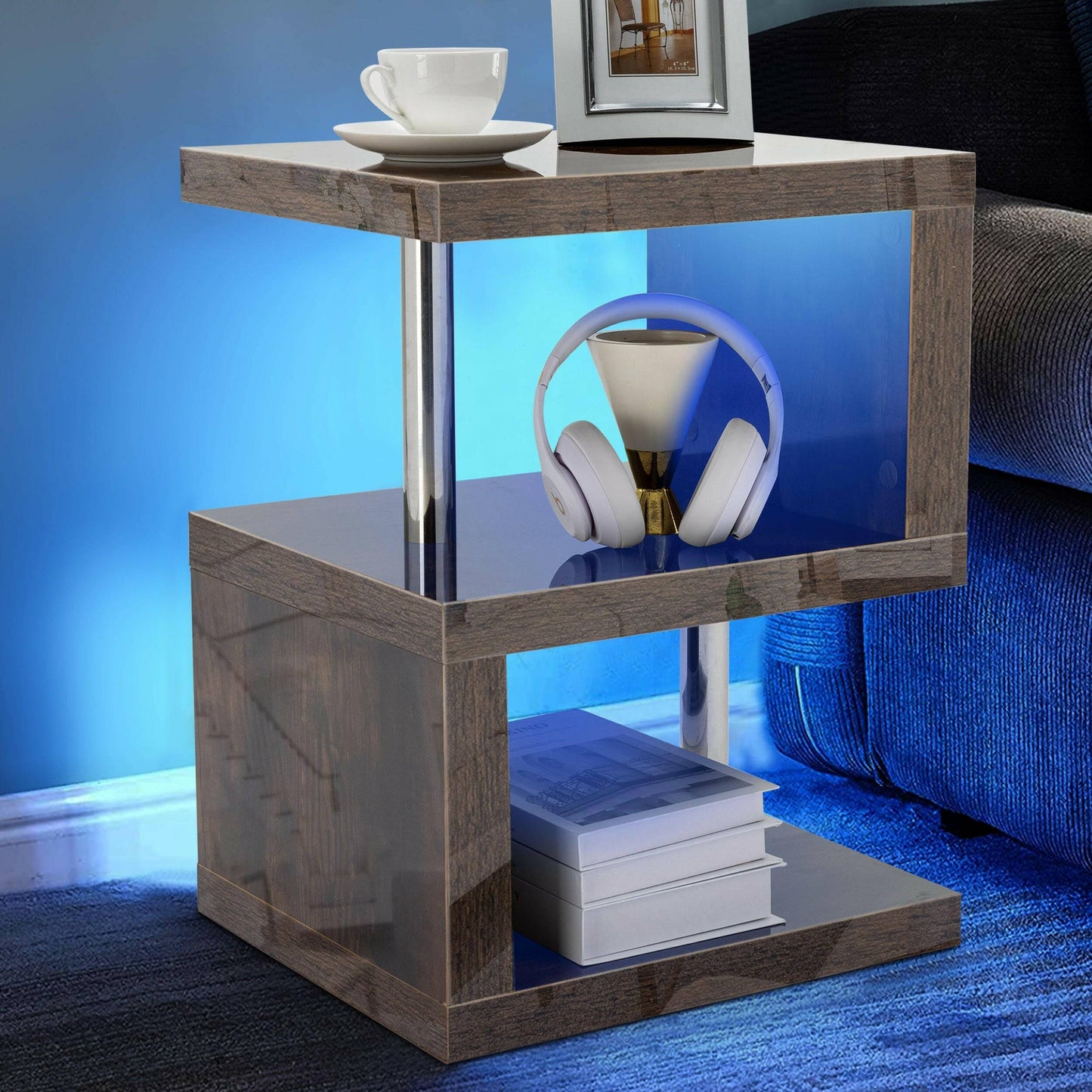 Small Sofa Side Table with Storage & LED - High Gloss End Table