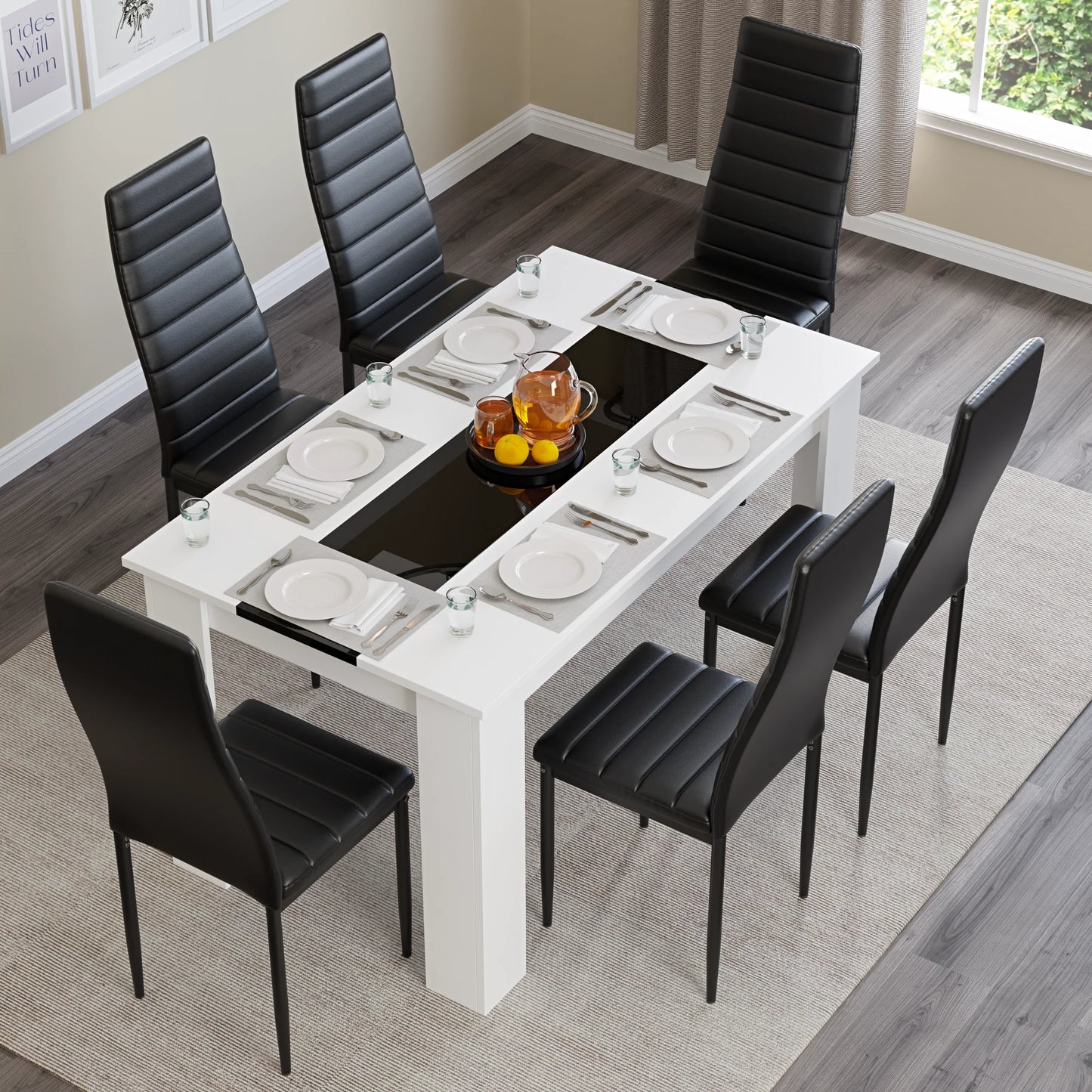 White & Black Gloss 4-6 Seater Dining Table and Chairs Set
