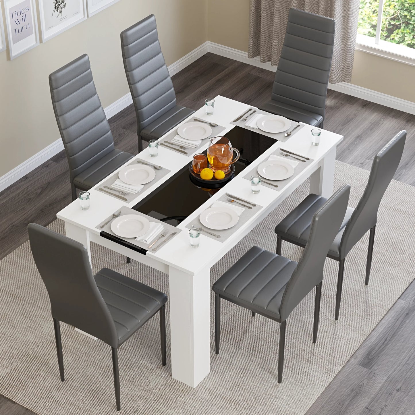 White & Black Gloss 4-6 Seater Dining Table and Chairs Set