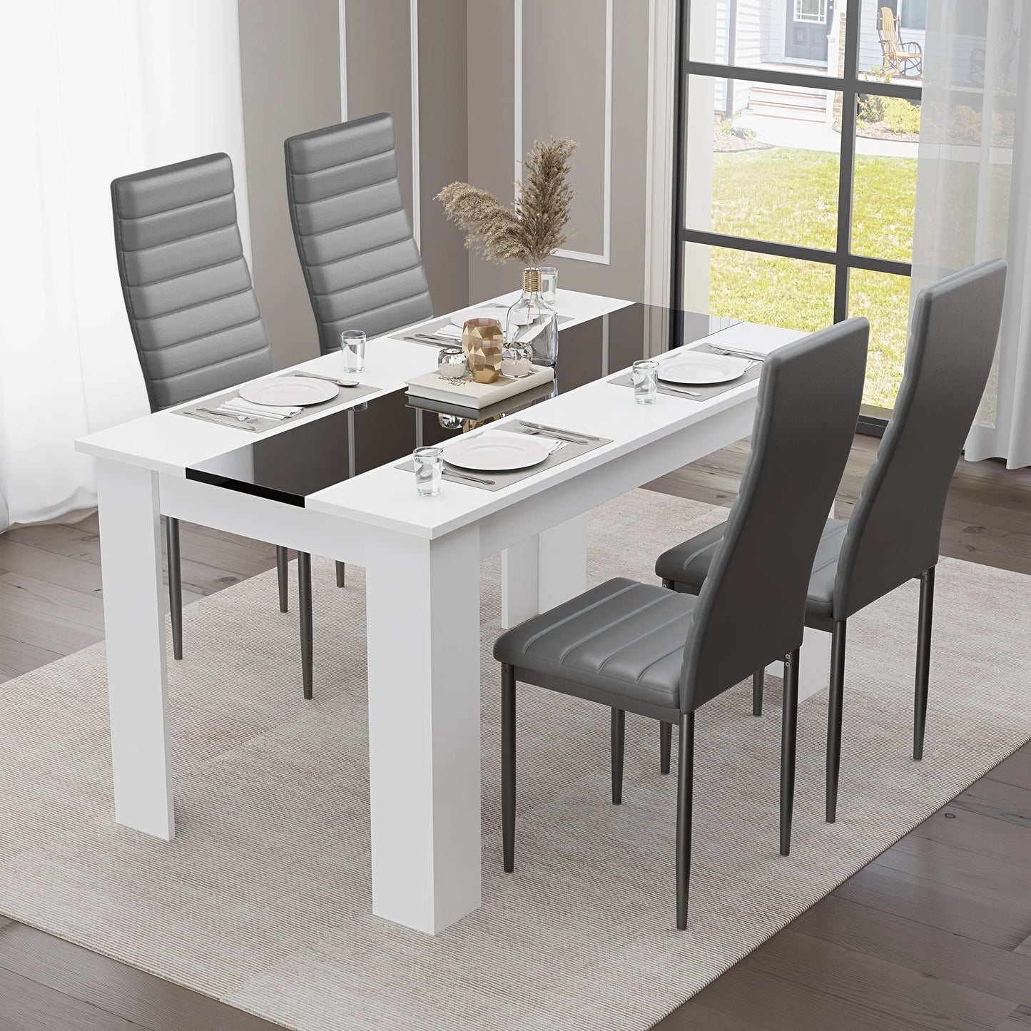 White & Black Gloss 4-6 Seater Dining Table and Chairs Set