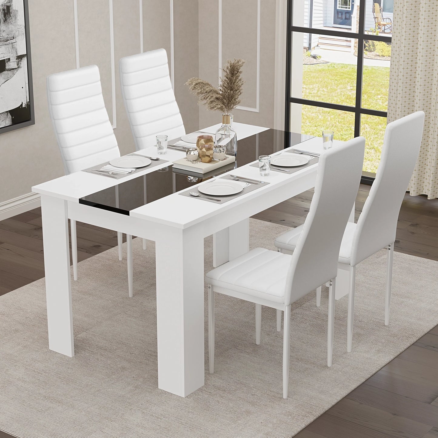 White & Black Gloss 4-6 Seater Dining Table and Chairs Set
