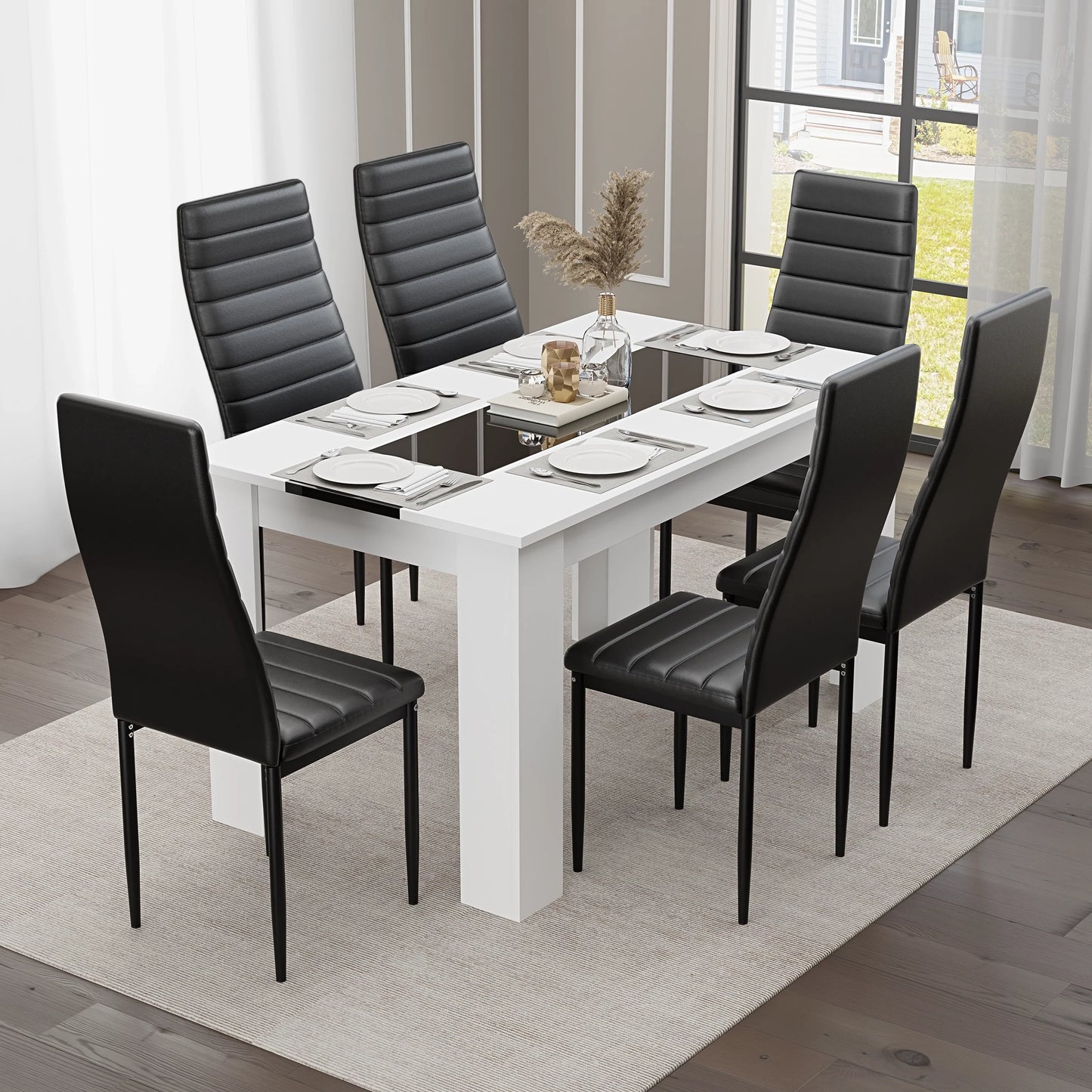 White & Black Gloss 4-6 Seater Dining Table and Chairs Set