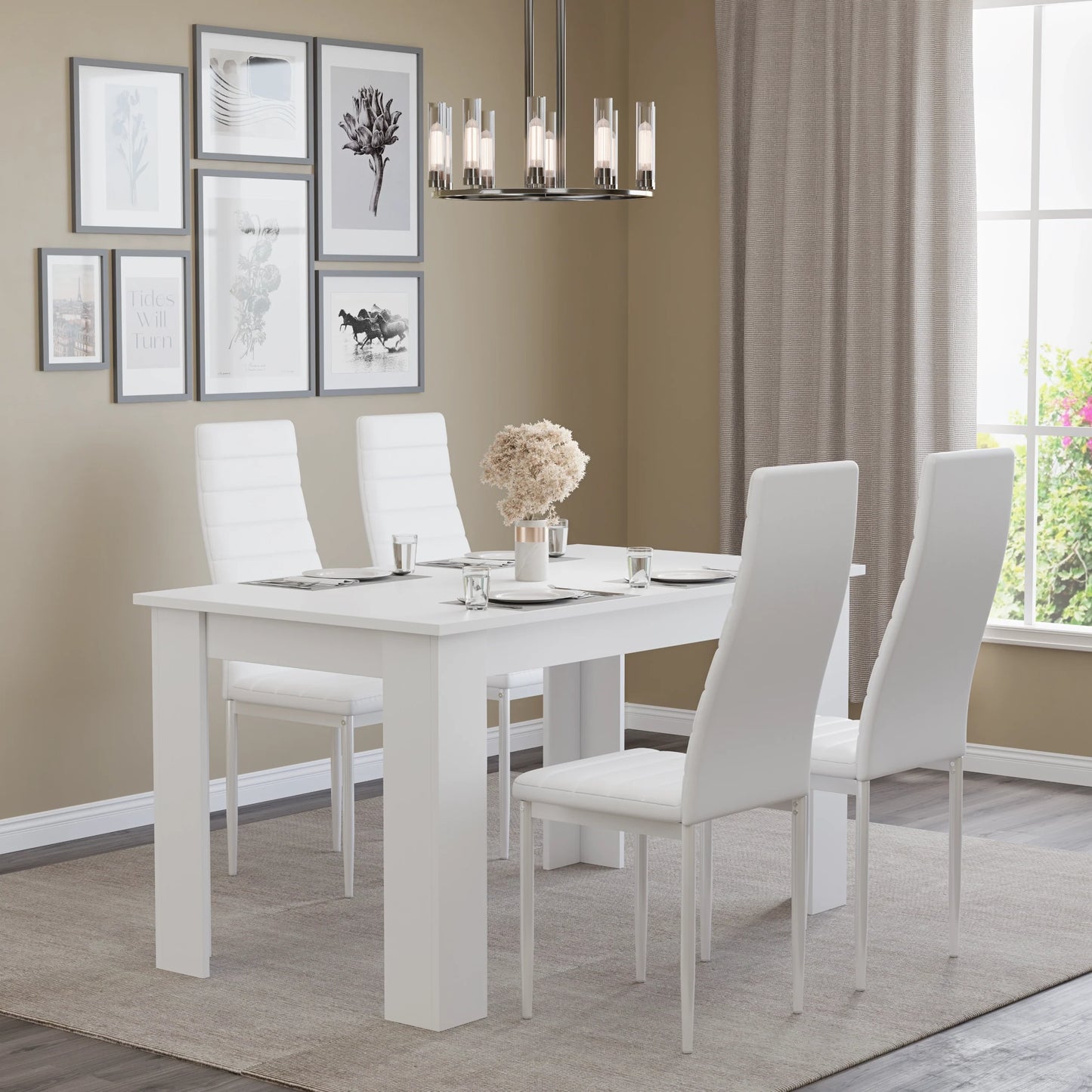 Modern 4-6 Seater White Dining Table and Chairs Set