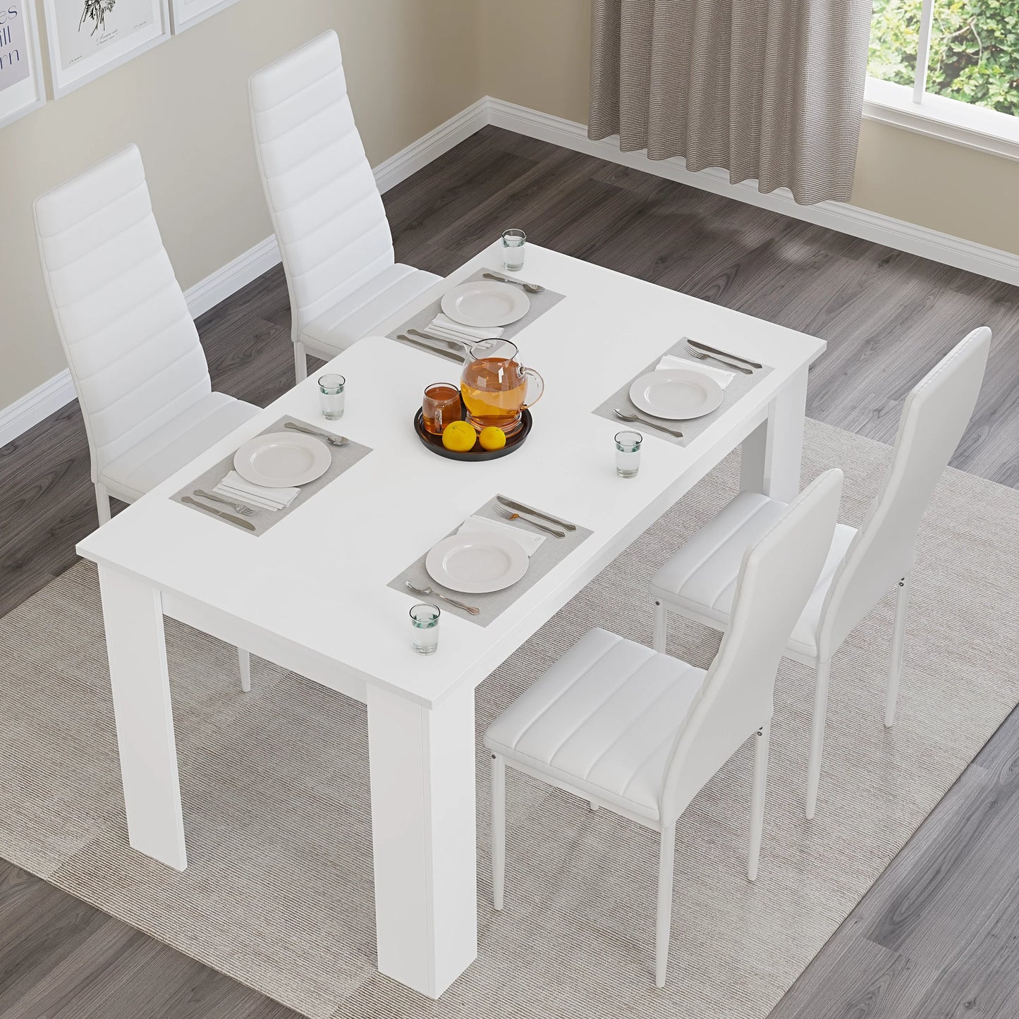 Modern 4-6 Seater White Dining Table and Chairs Set