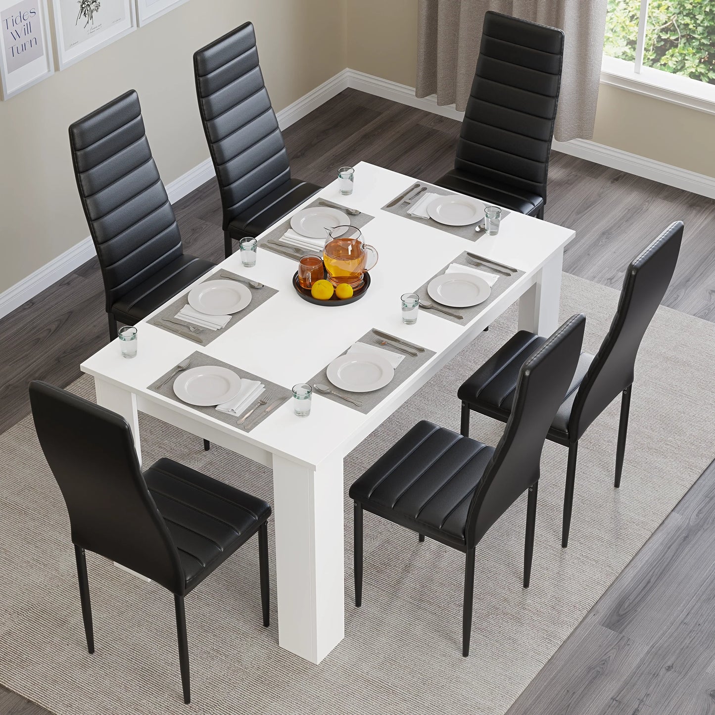Modern 4-6 Seater White Dining Table and Chairs Set