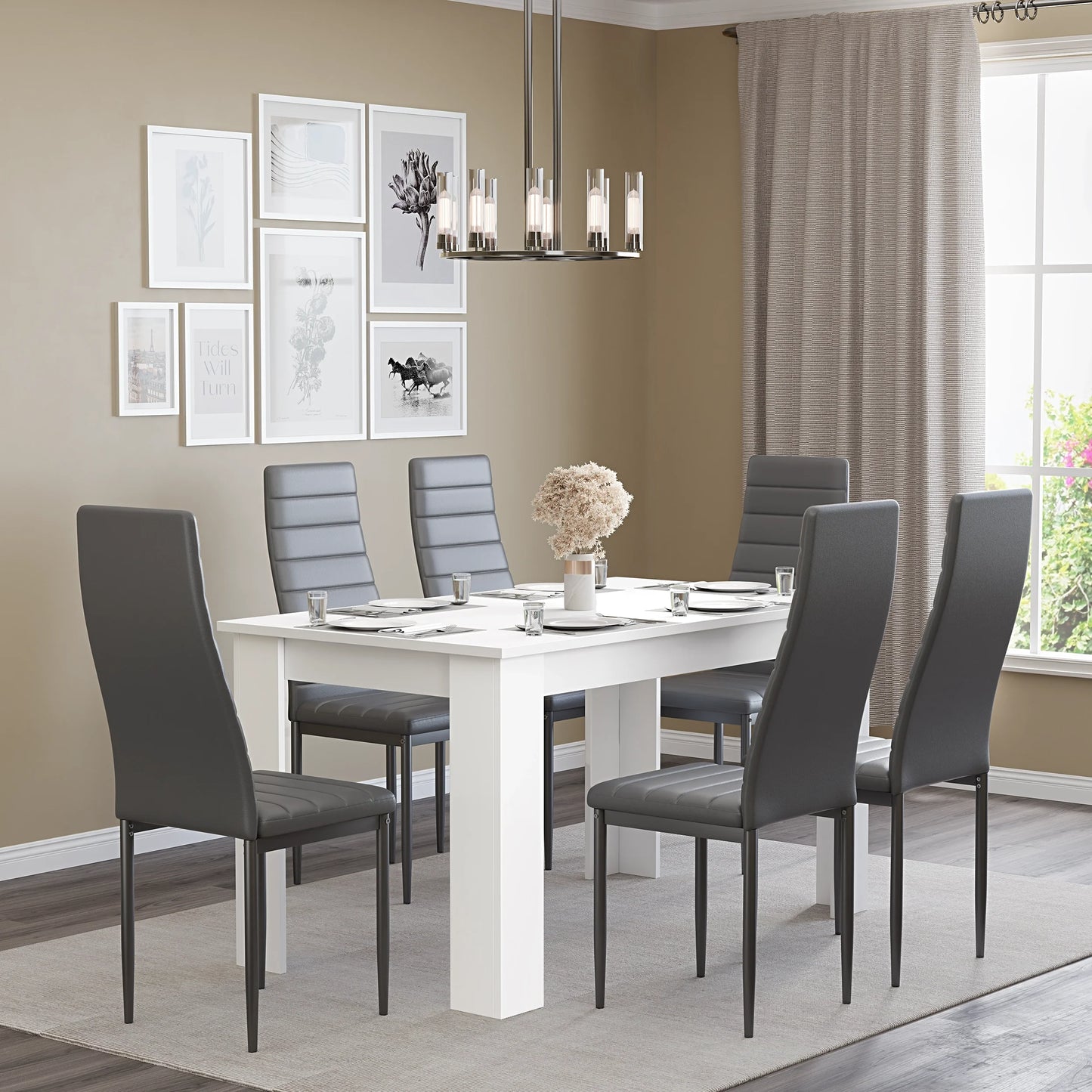 Modern 4-6 Seater White Dining Table and Chairs Set