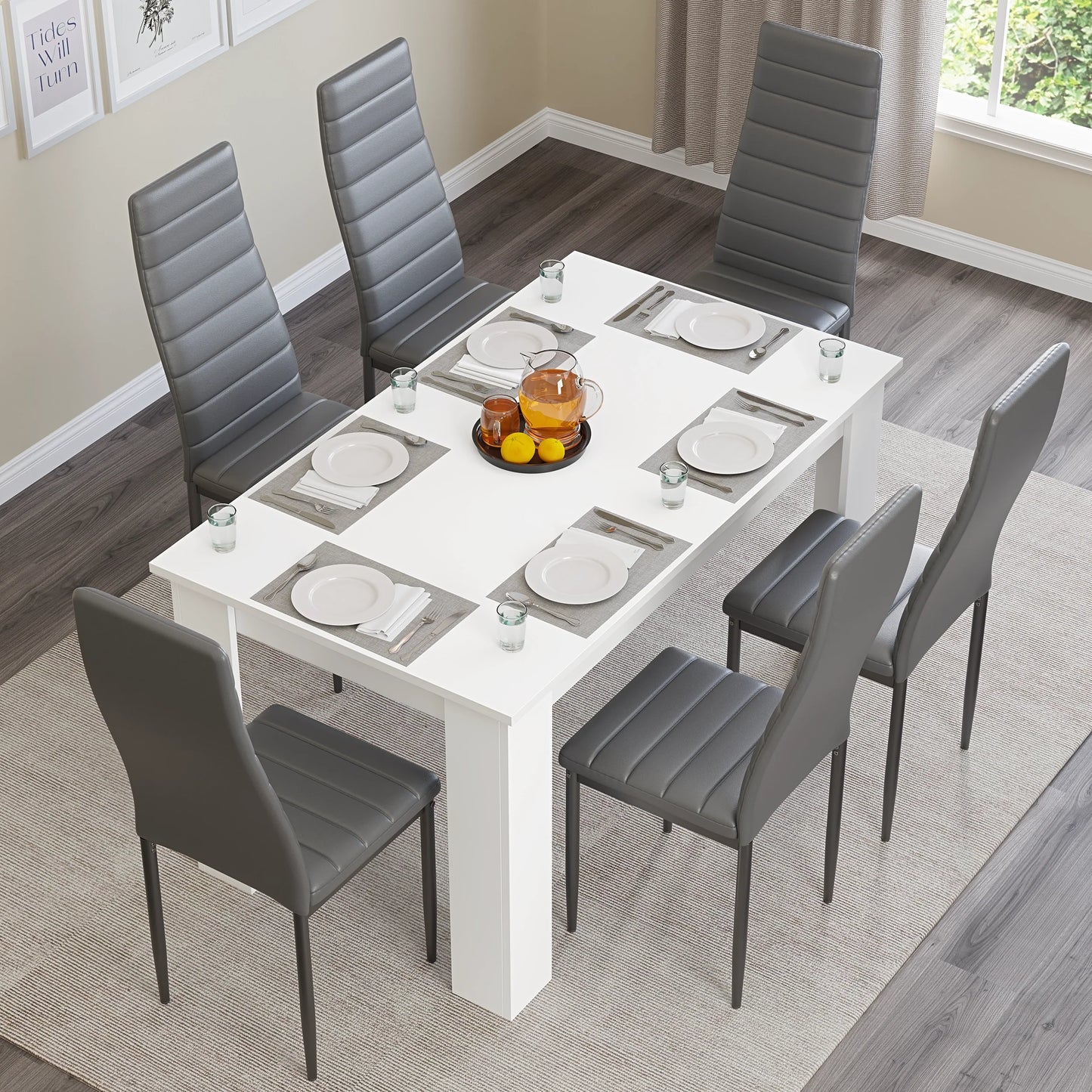Modern 4-6 Seater White Dining Table and Chairs Set