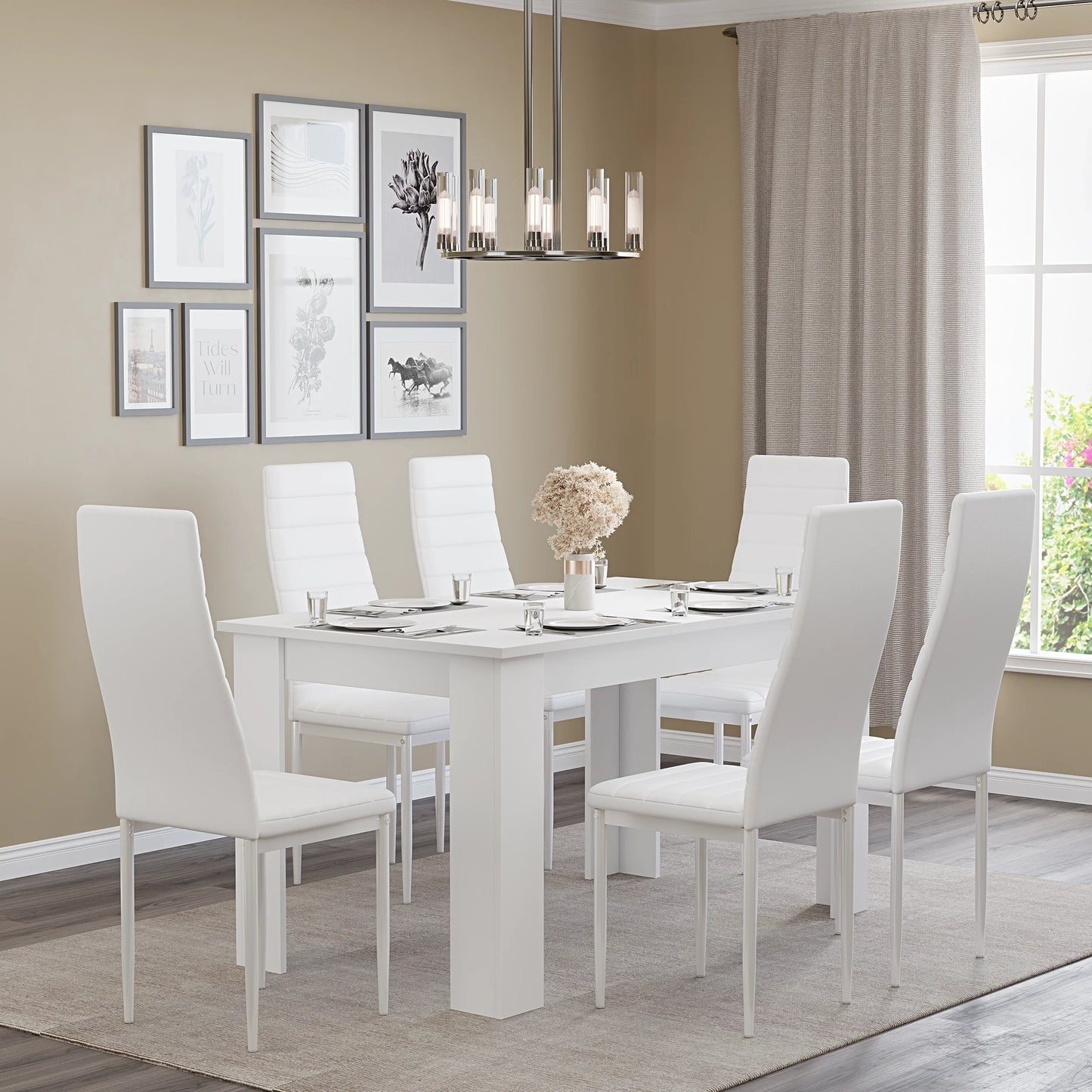 Modern 4-6 Seater White Dining Table and Chairs Set