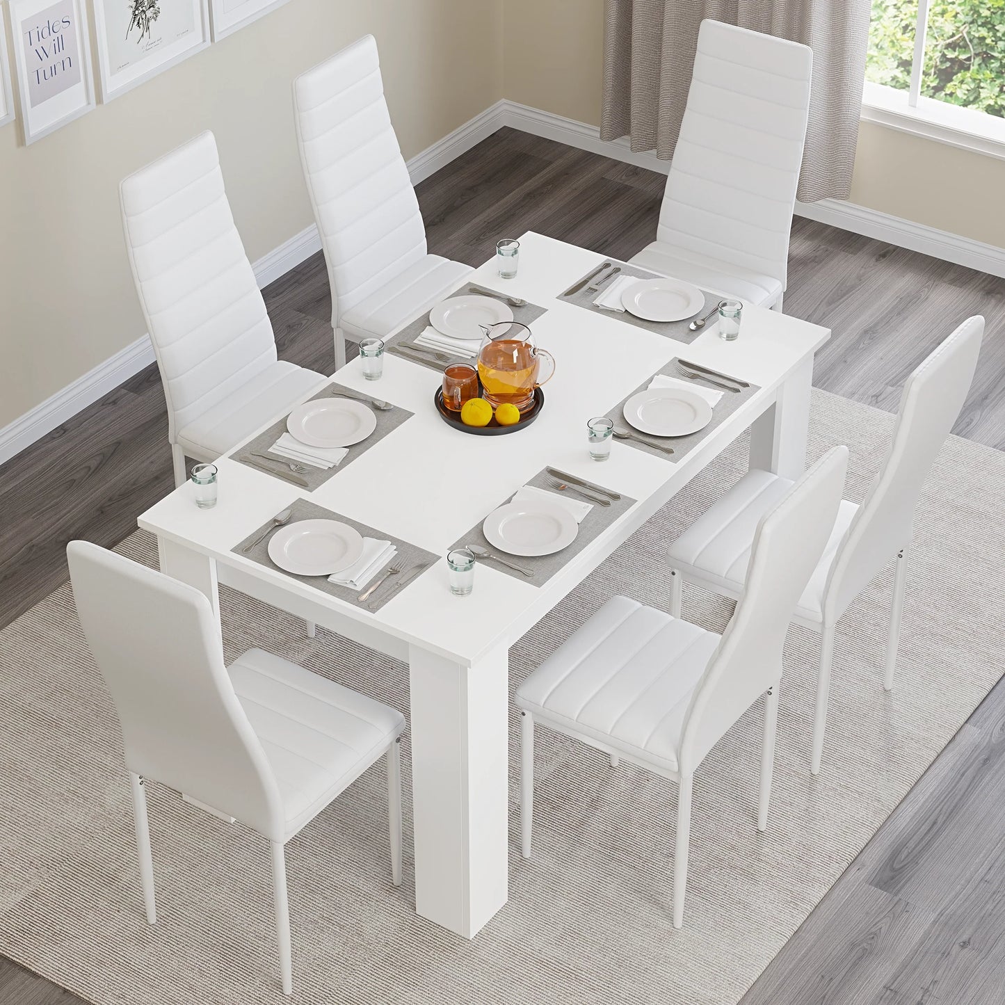 Modern 4-6 Seater White Dining Table and Chairs Set