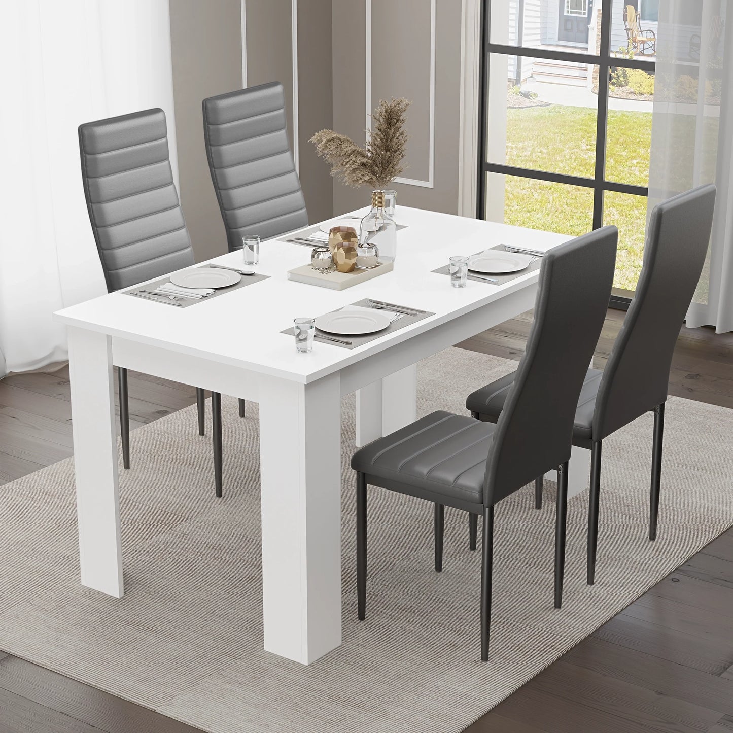 Modern 4-6 Seater White Dining Table and Chairs Set