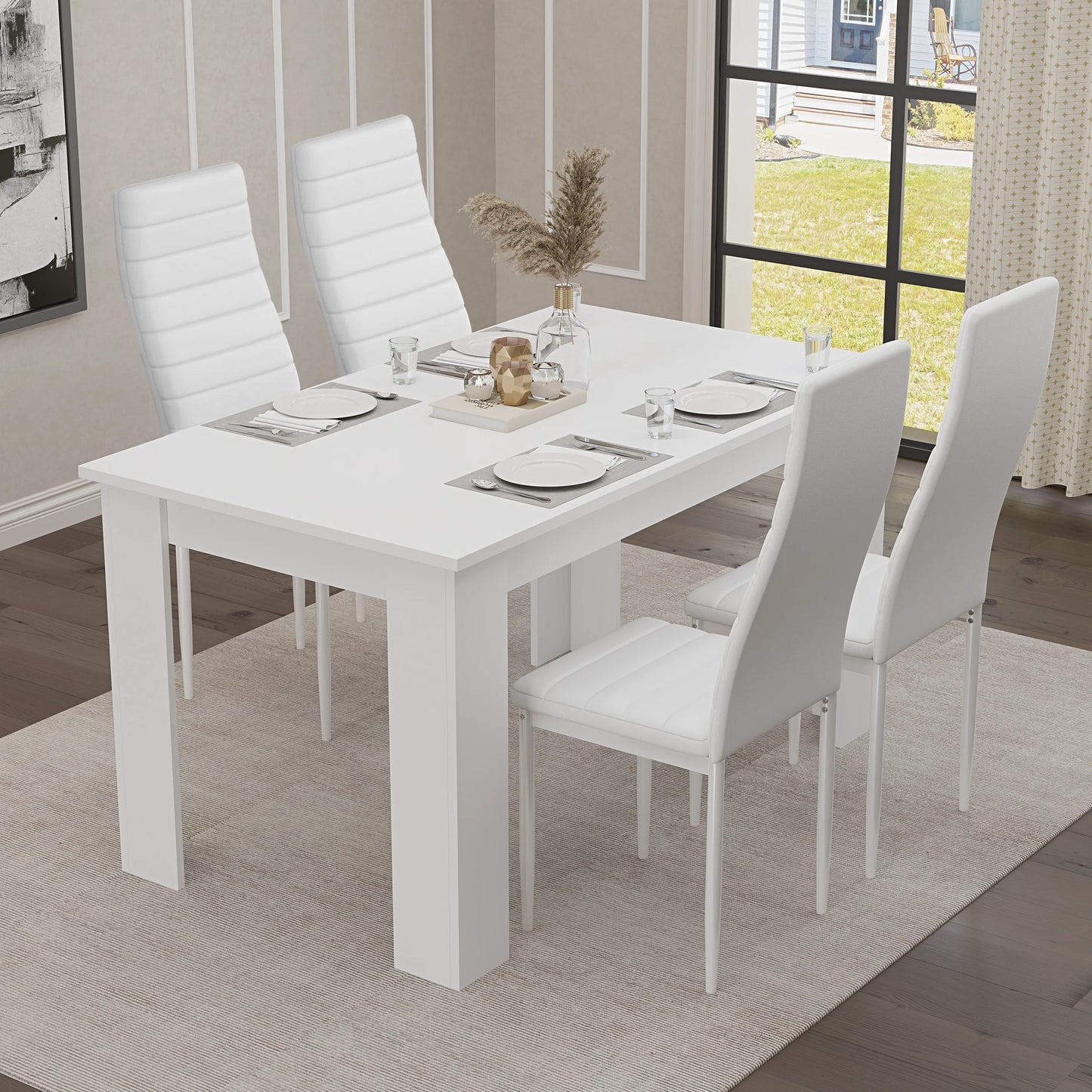 Modern 4-6 Seater White Dining Table and Chairs Set