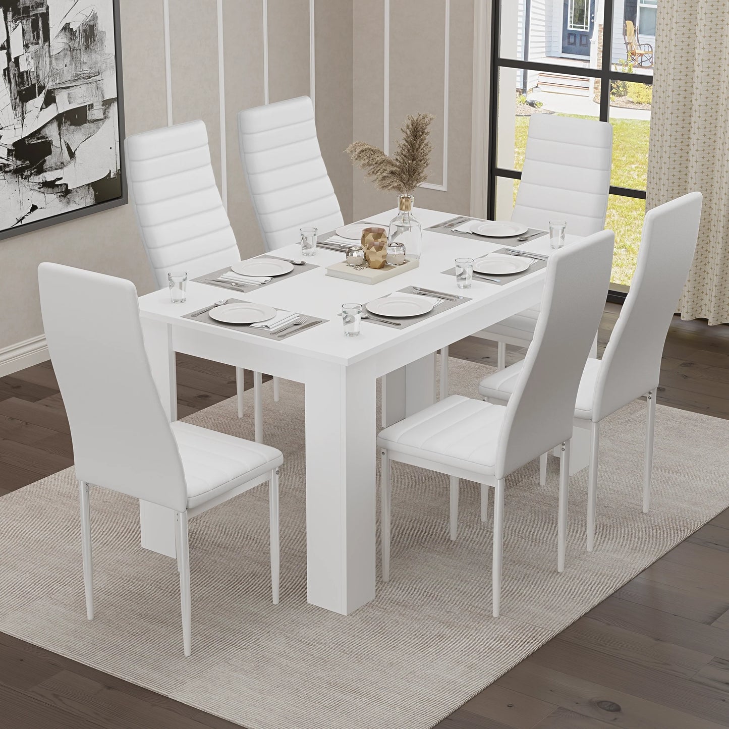 Modern 4-6 Seater White Dining Table and Chairs Set