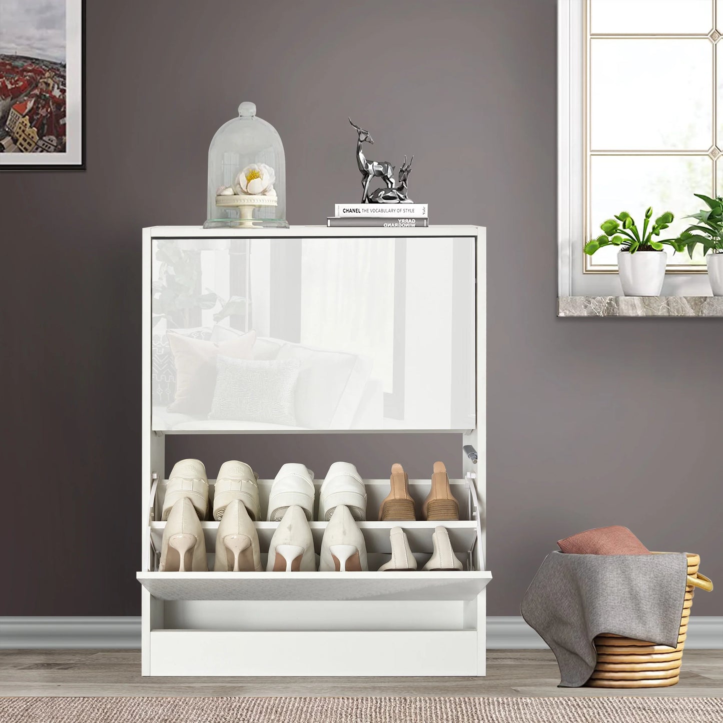 High Gloss 2 Door Shoe Cabinet | Slim Shoe Storage Unit