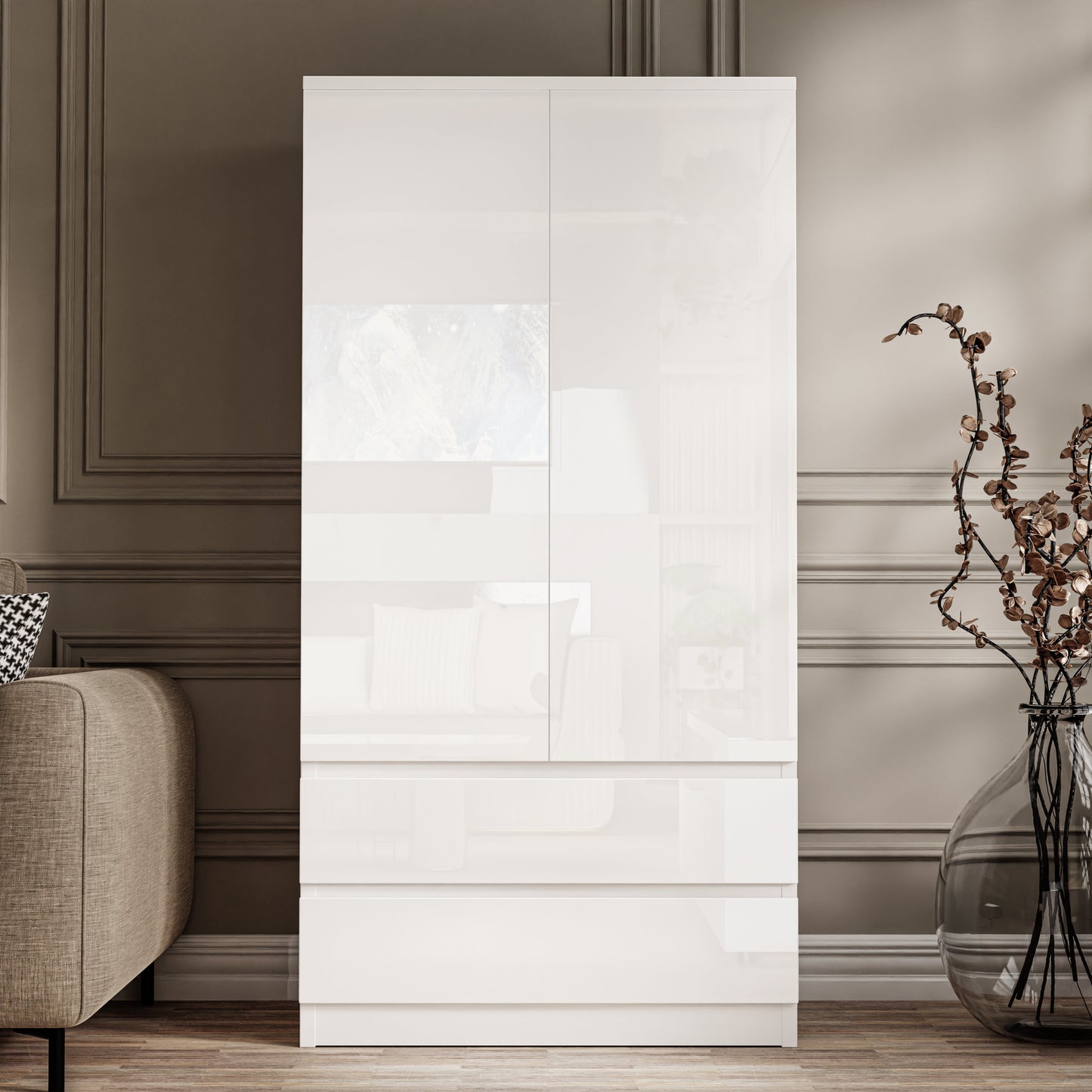 High Gloss 2 Door Wardrobe With Drawers And Hanging Space