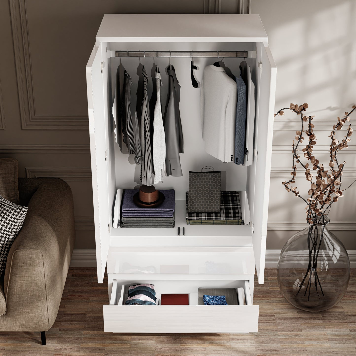 High Gloss 2 Door Wardrobe With Drawers And Hanging Space