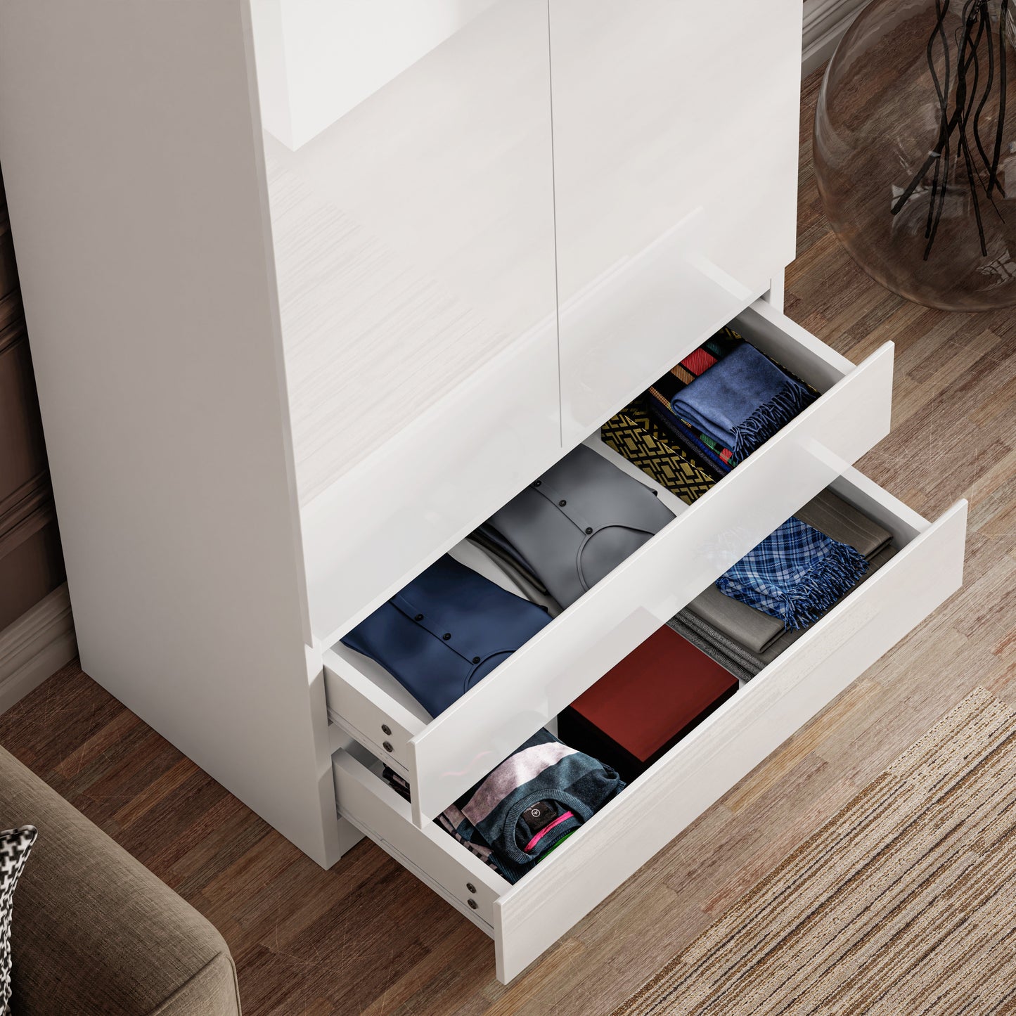 High Gloss 2 Door Wardrobe With Drawers And Hanging Space