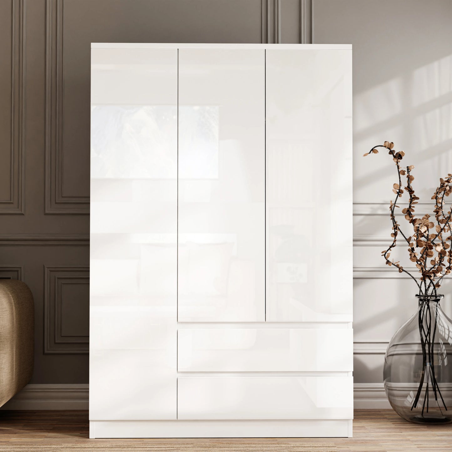 High Gloss 3 Door Wardrobe With Drawers And Shelves