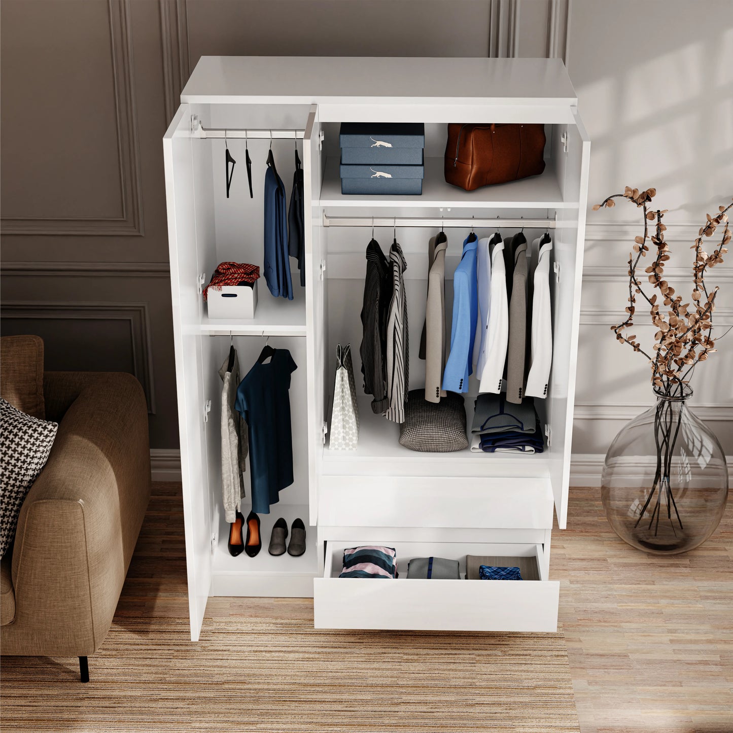 High Gloss 3 Door Wardrobe With Drawers And Shelves