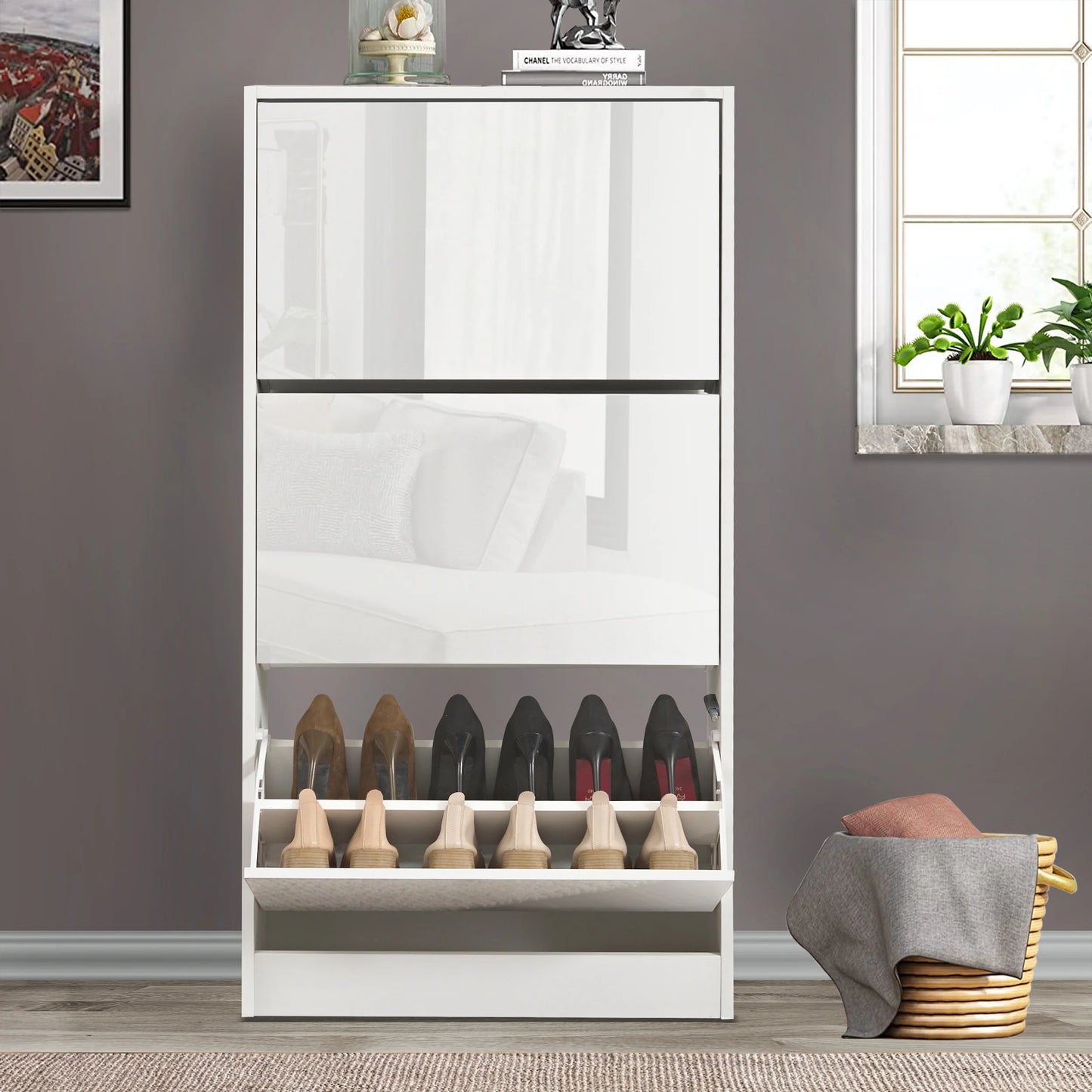 High Gloss 3 Door Shoe Cabinet | Slim Shoe Storage