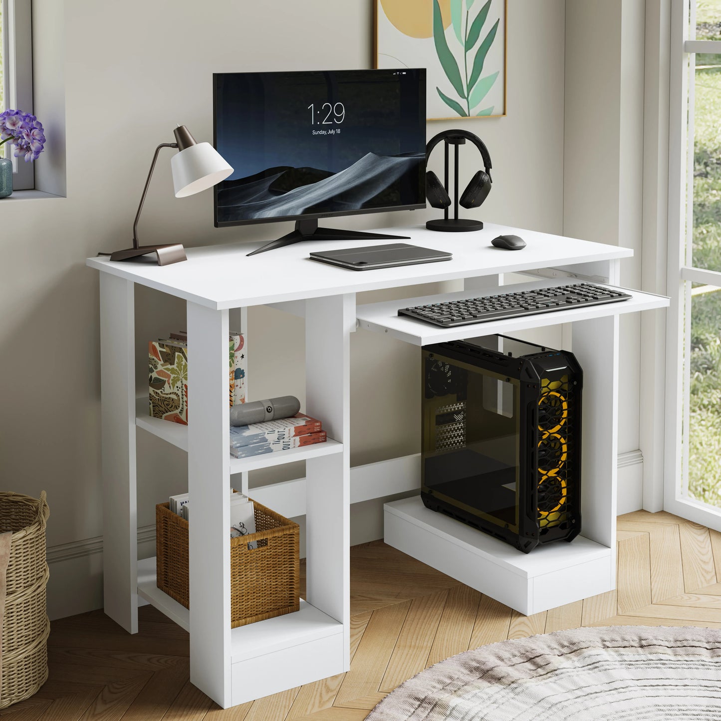 Home Office Computer Desk With Shelves For Working, Reading & Gaming
