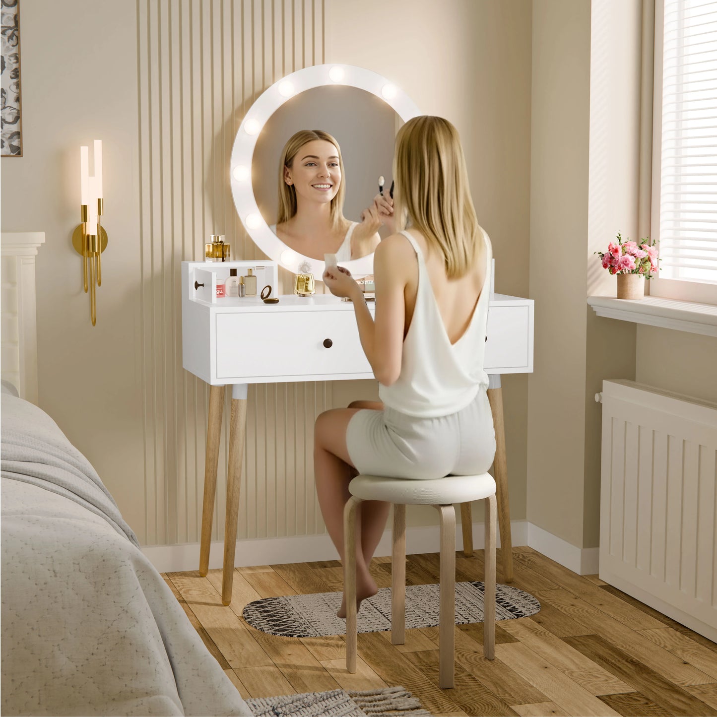 Dressing Table With Drawers and Hollywood Mirror Makeup Vanity Desk