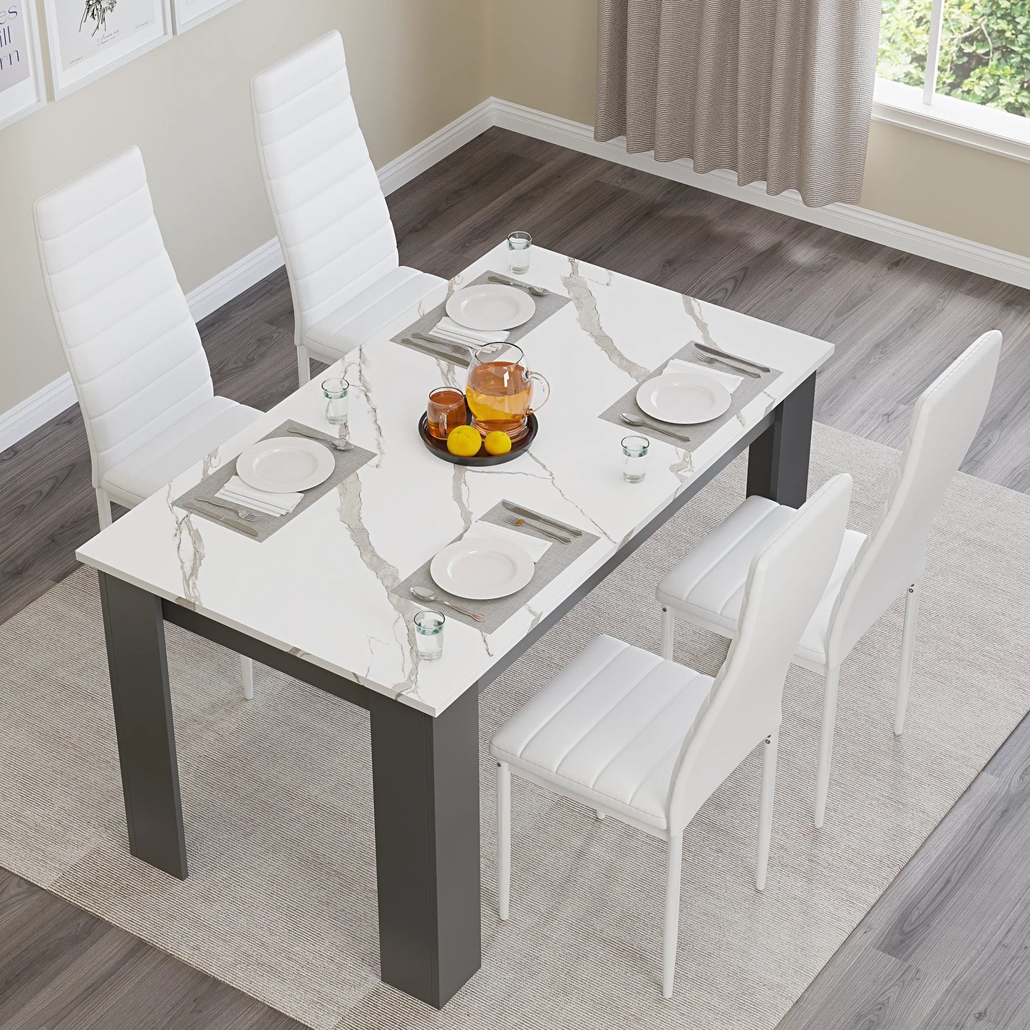White Marble 4-6 Seater Dining Table and Chairs Set