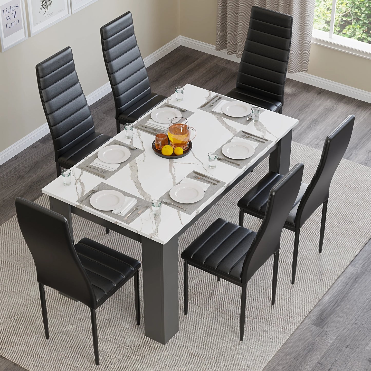 White Marble 4-6 Seater Dining Table and Chairs Set