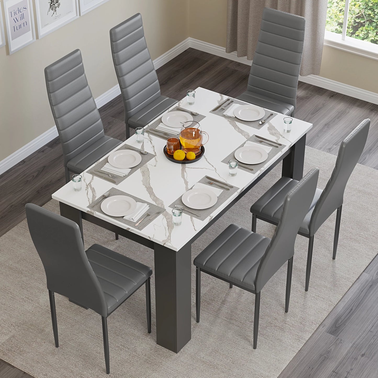 White Marble 4-6 Seater Dining Table and Chairs Set