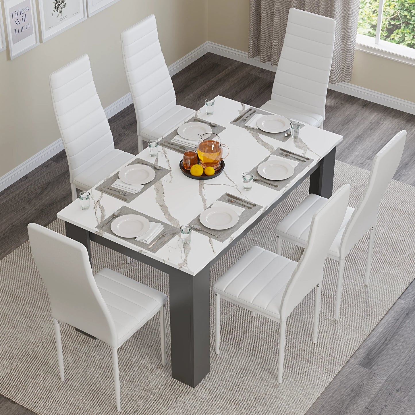 White Marble 4-6 Seater Dining Table and Chairs Set
