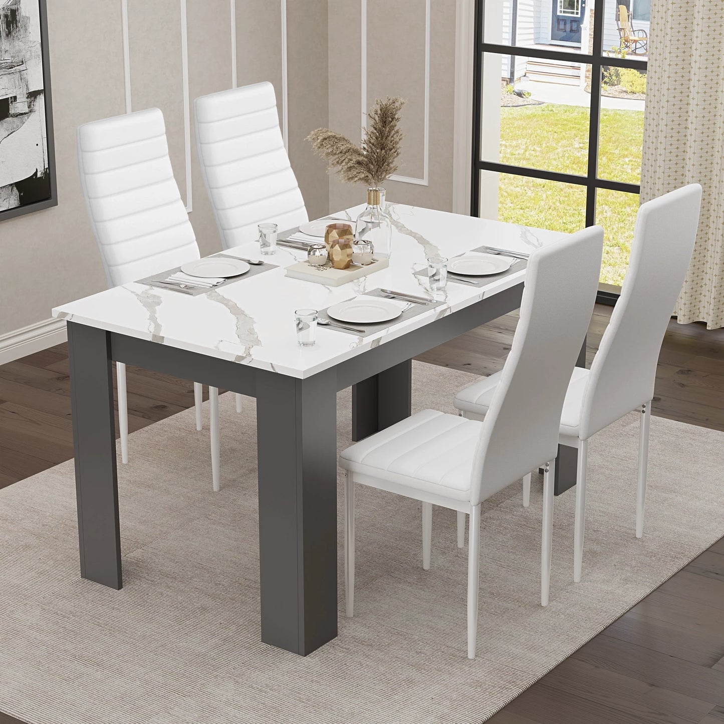 White Marble 4-6 Seater Dining Table and Chairs Set