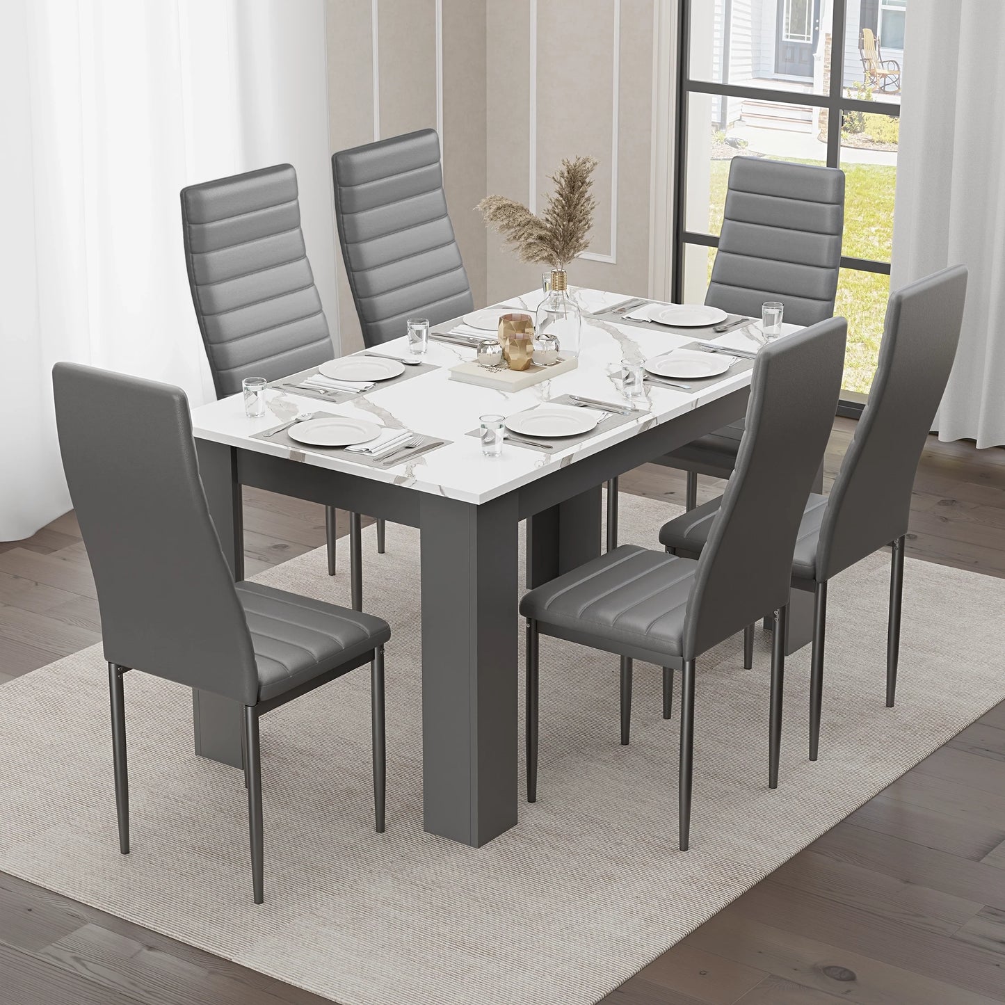 White Marble 4-6 Seater Dining Table and Chairs Set