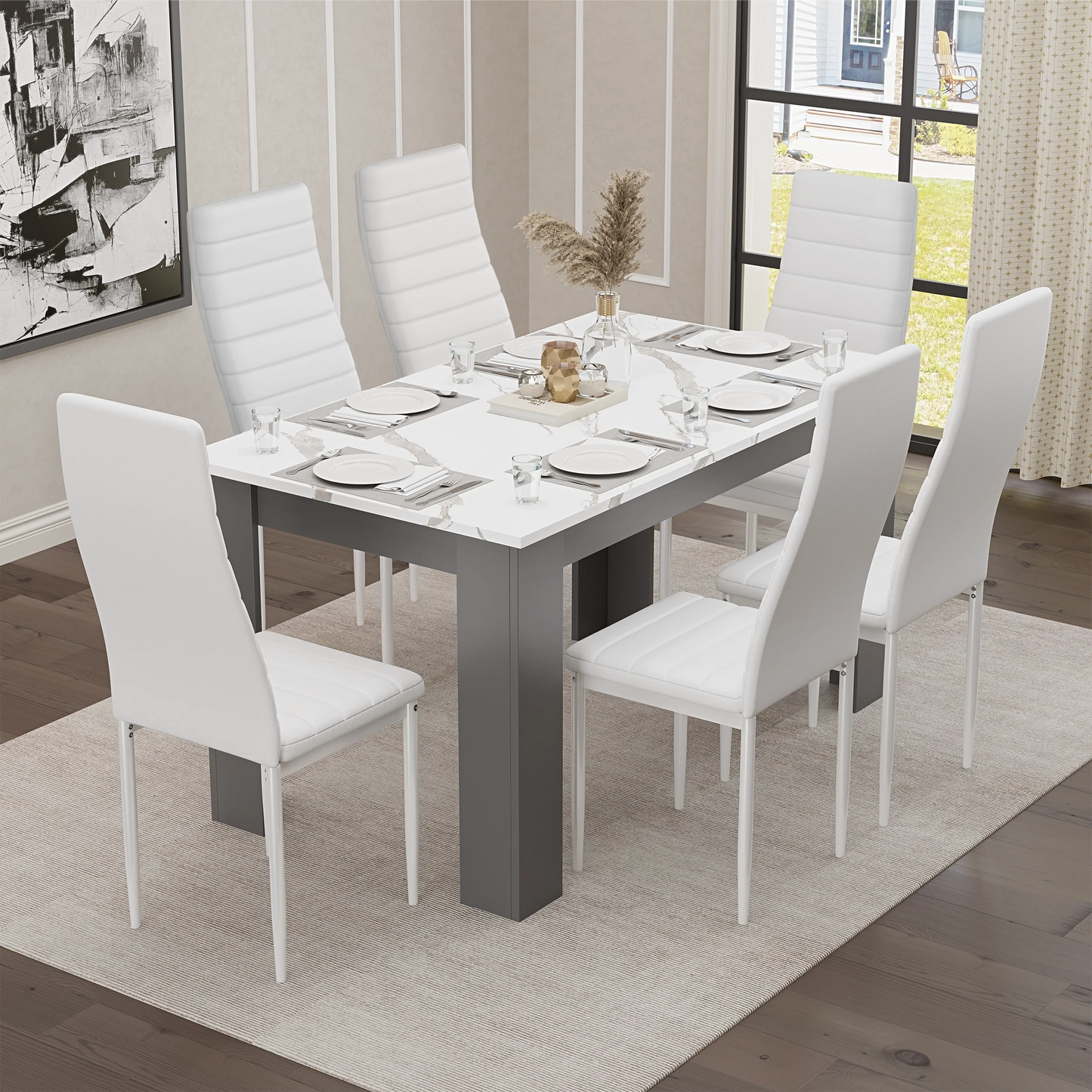 White Marble 4-6 Seater Dining Table and Chairs Set