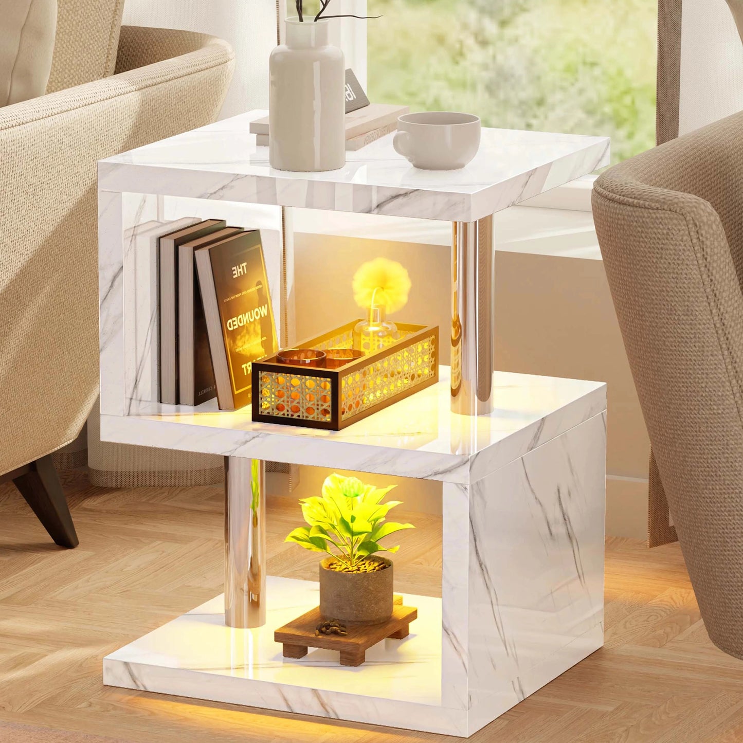 Small Sofa Side Table with Storage & LED - High Gloss End Table