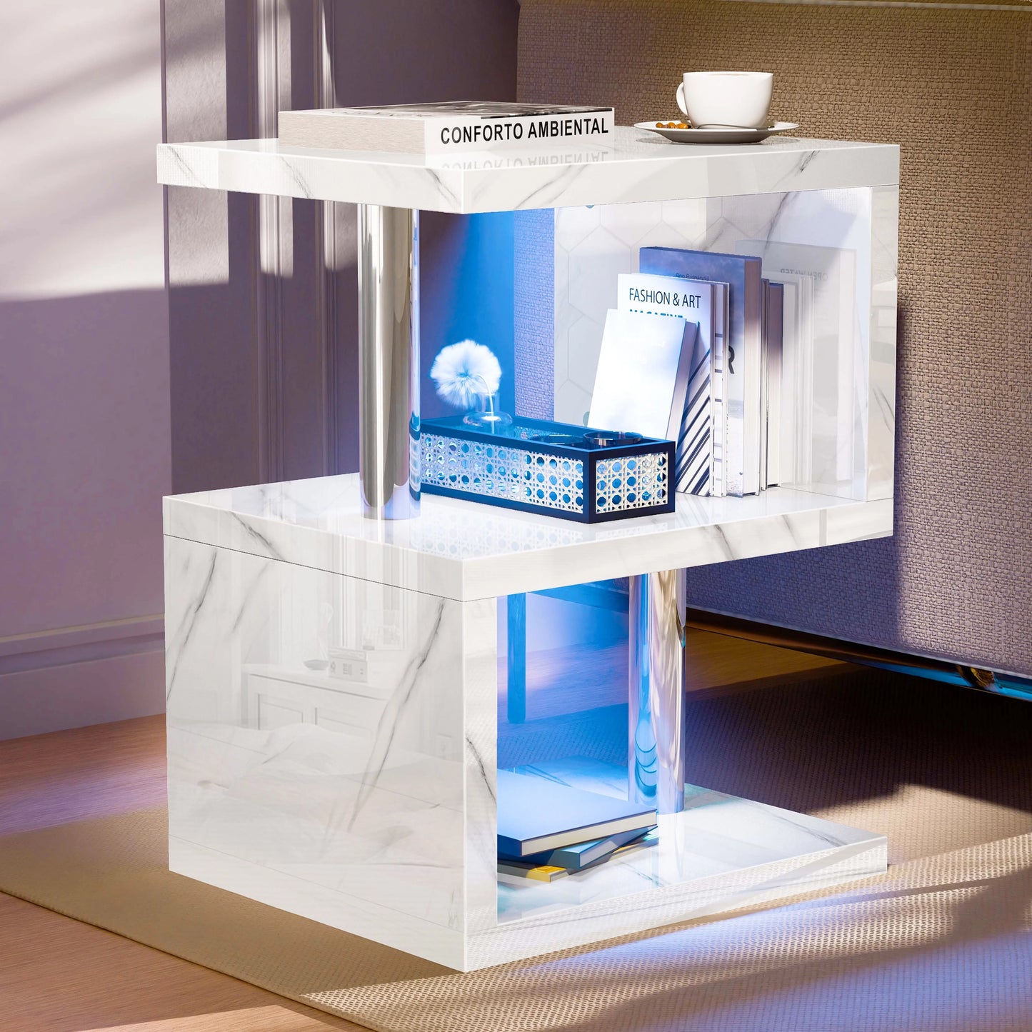 Small Sofa Side Table with Storage & LED - High Gloss End Table