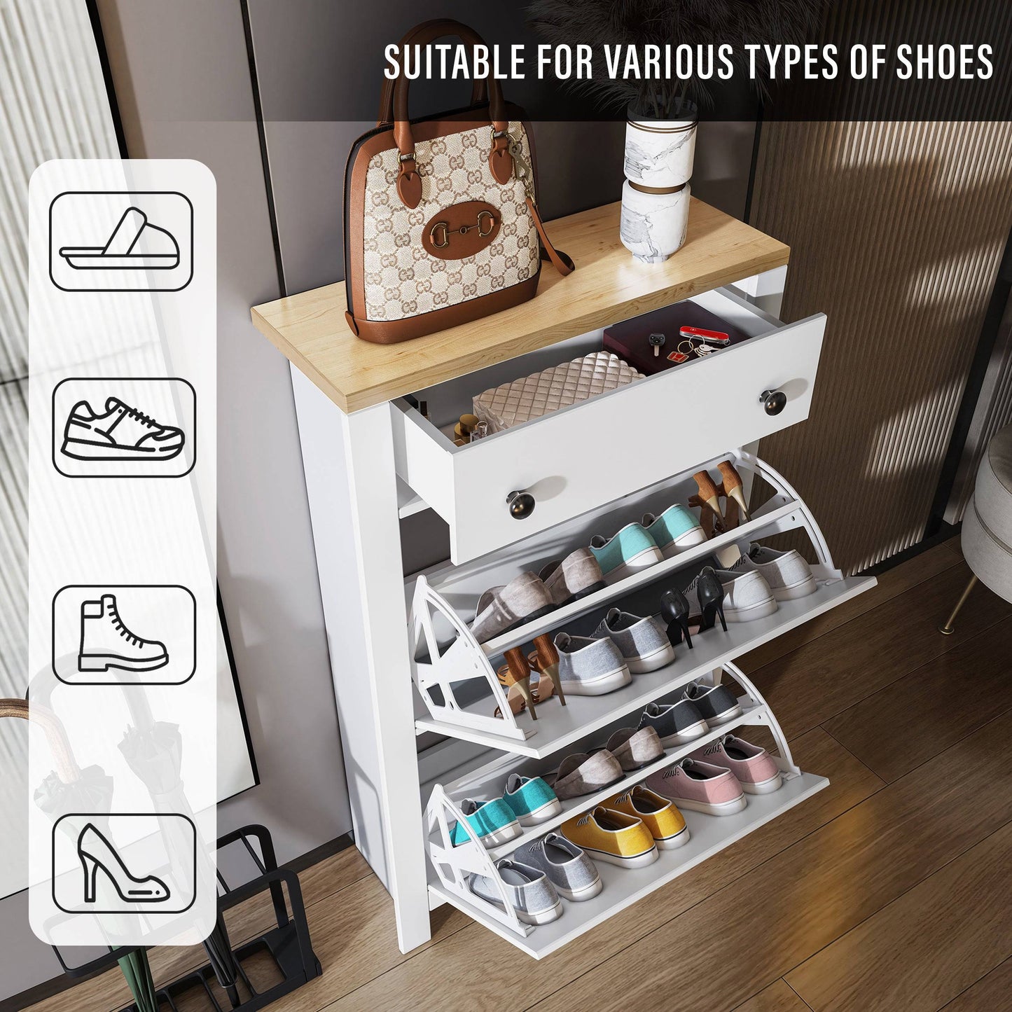 Modern Shoe Cabinet With Drawers | 2 Door Shoe Storage