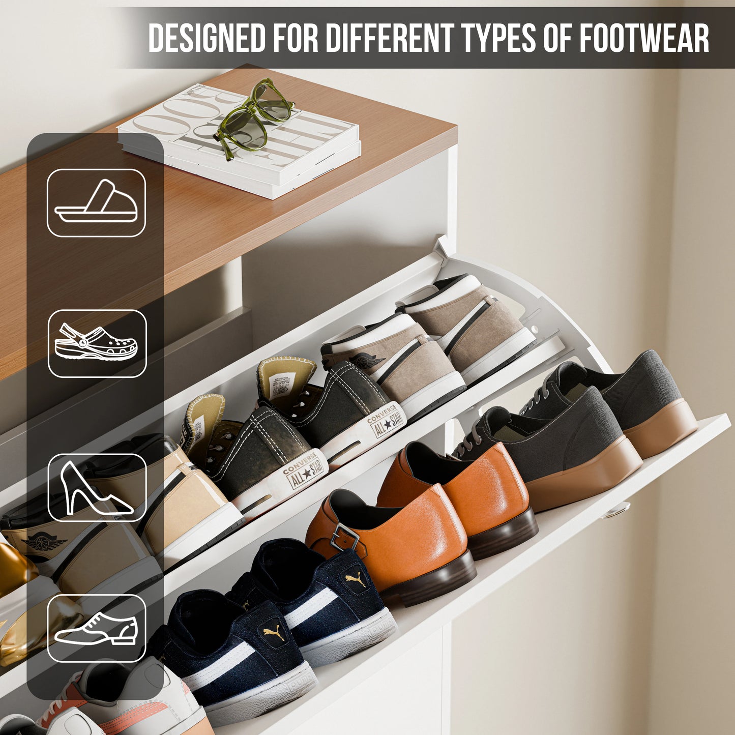3 Door Narrow Shoe Cabinet | Tall Shoe Storage With Hooks