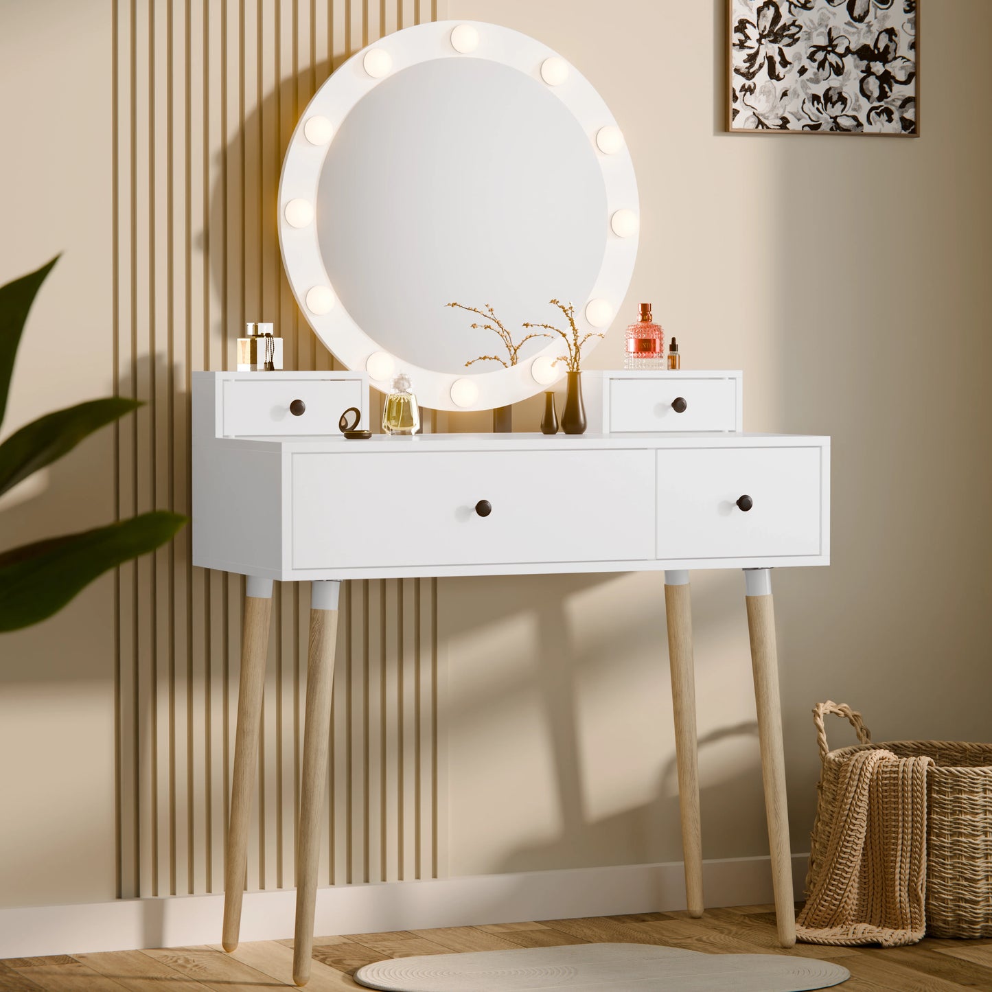 Dressing Table With Drawers and Hollywood Mirror Makeup Vanity Desk
