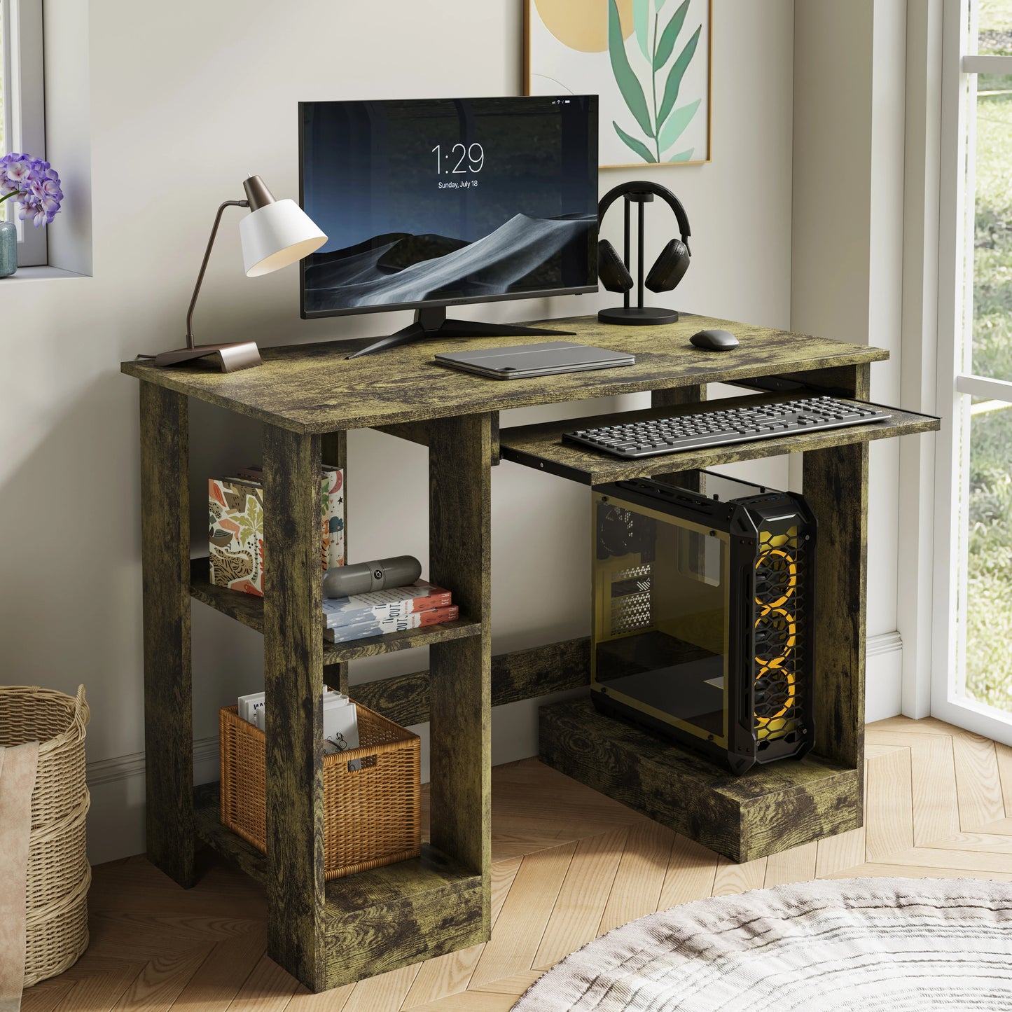 Home Office Computer Desk With Shelves For Working, Reading & Gaming